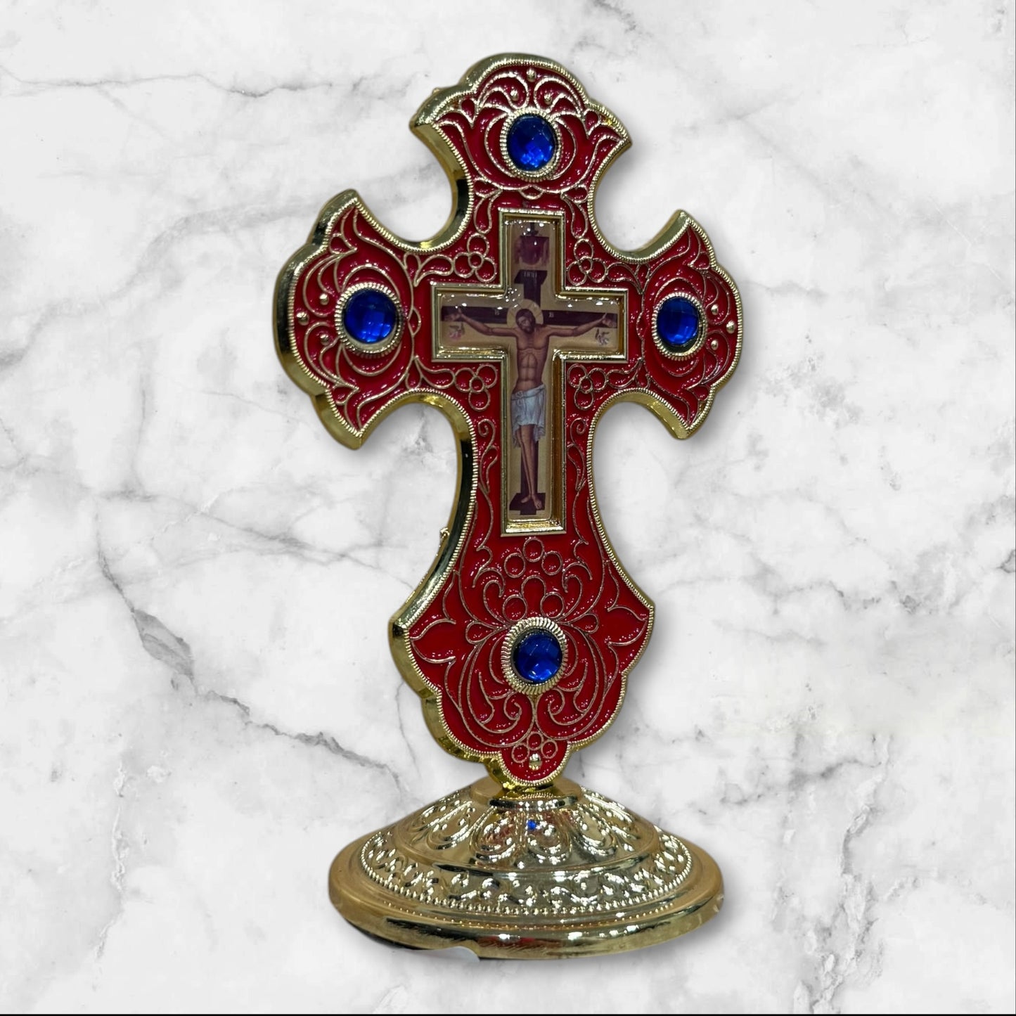 Orthodox dashboard crucifix with red enamel and self-adhesive base
