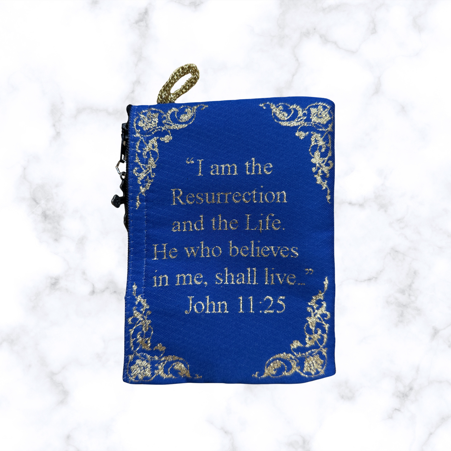 Blue prayer pouch with John 11:25 scripture and decorative gold border