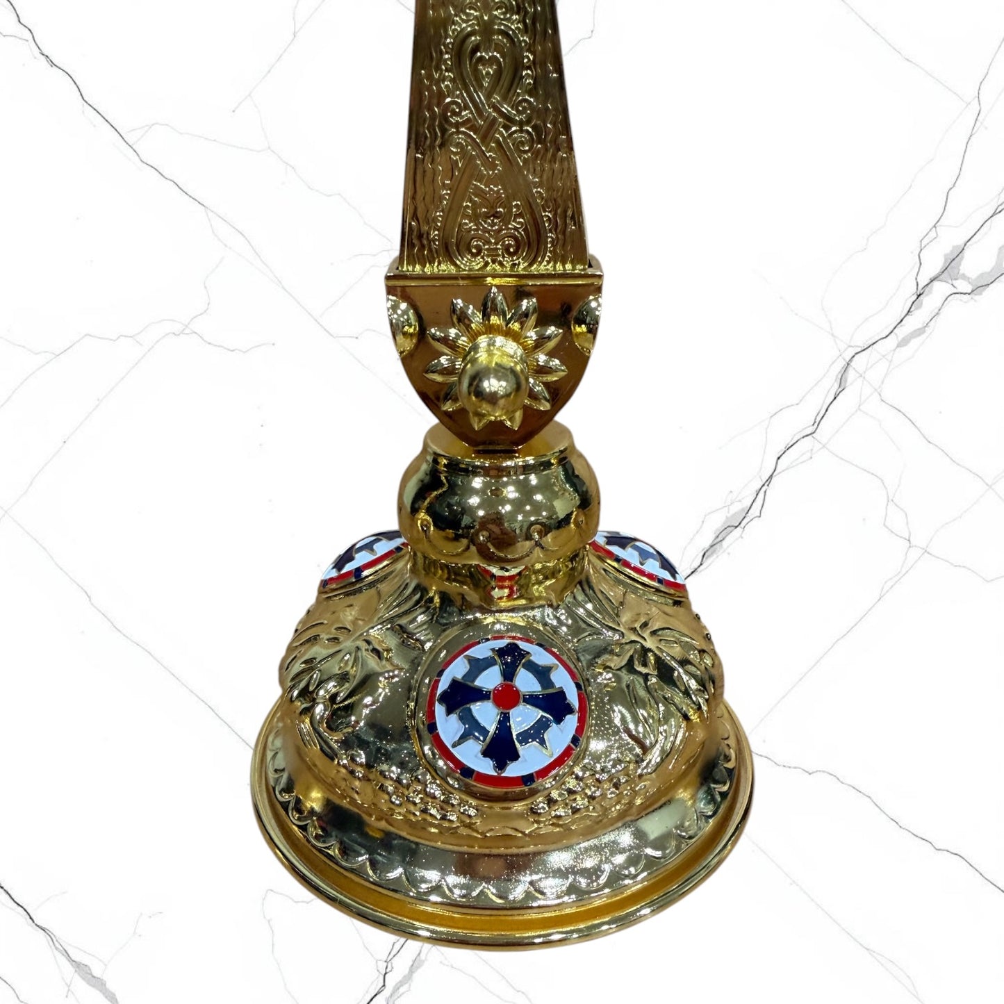 Gold-tone Orthodox standing blessing cross with red lettering, Crucifixion, ornamental handle, and decorative base.