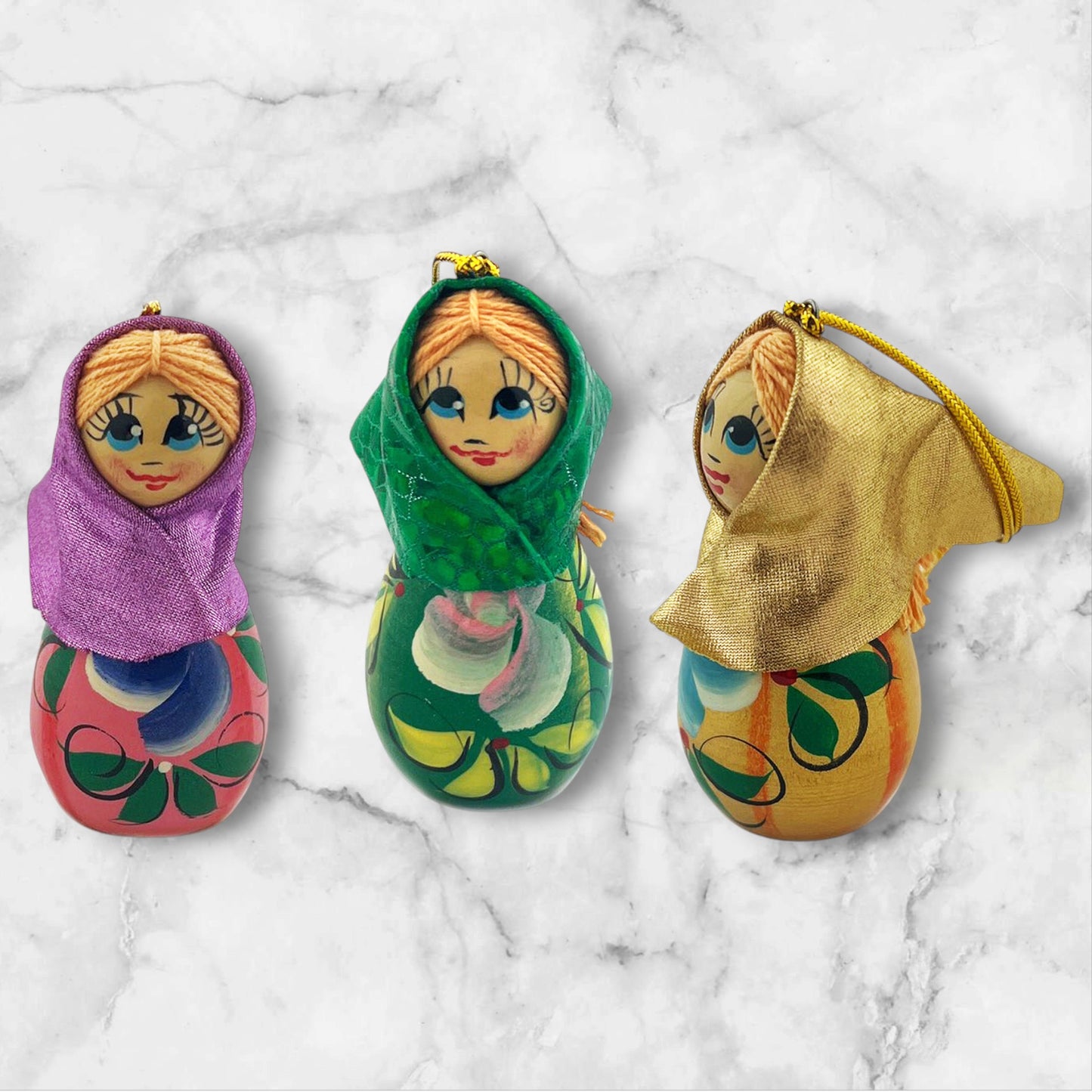 Ornament — Set of 3 Russian Wooden Girls with Scarves (2.5 inches)