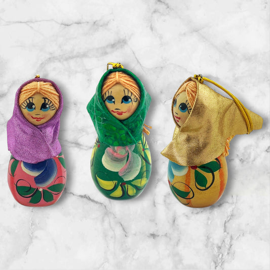 Ornament — Set of 3 Russian Wooden Girls with Scarves (2.5 inches)
