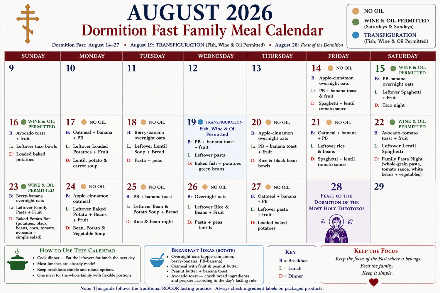2026 ROCOR Dormition Fast Family Meal Calendar with daily fasting rules and simple breakfast, lunch, and dinner ideas for August 14–27
