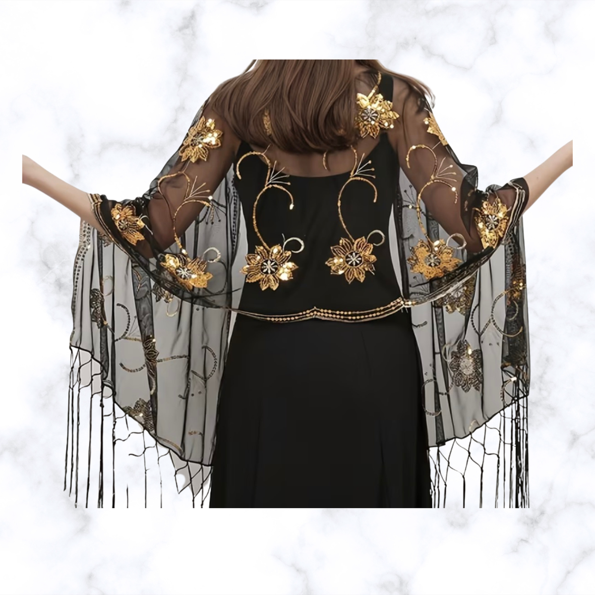 Black & Gold Embroidered Shawl Wrap – Floral Sequin Fringe Scarf