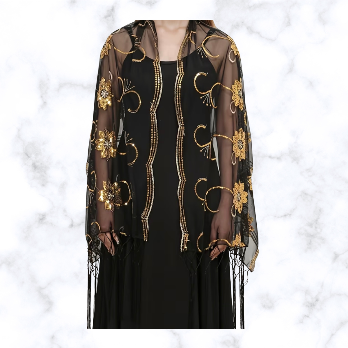 Black & Gold Embroidered Shawl Wrap – Floral Sequin Fringe Scarf