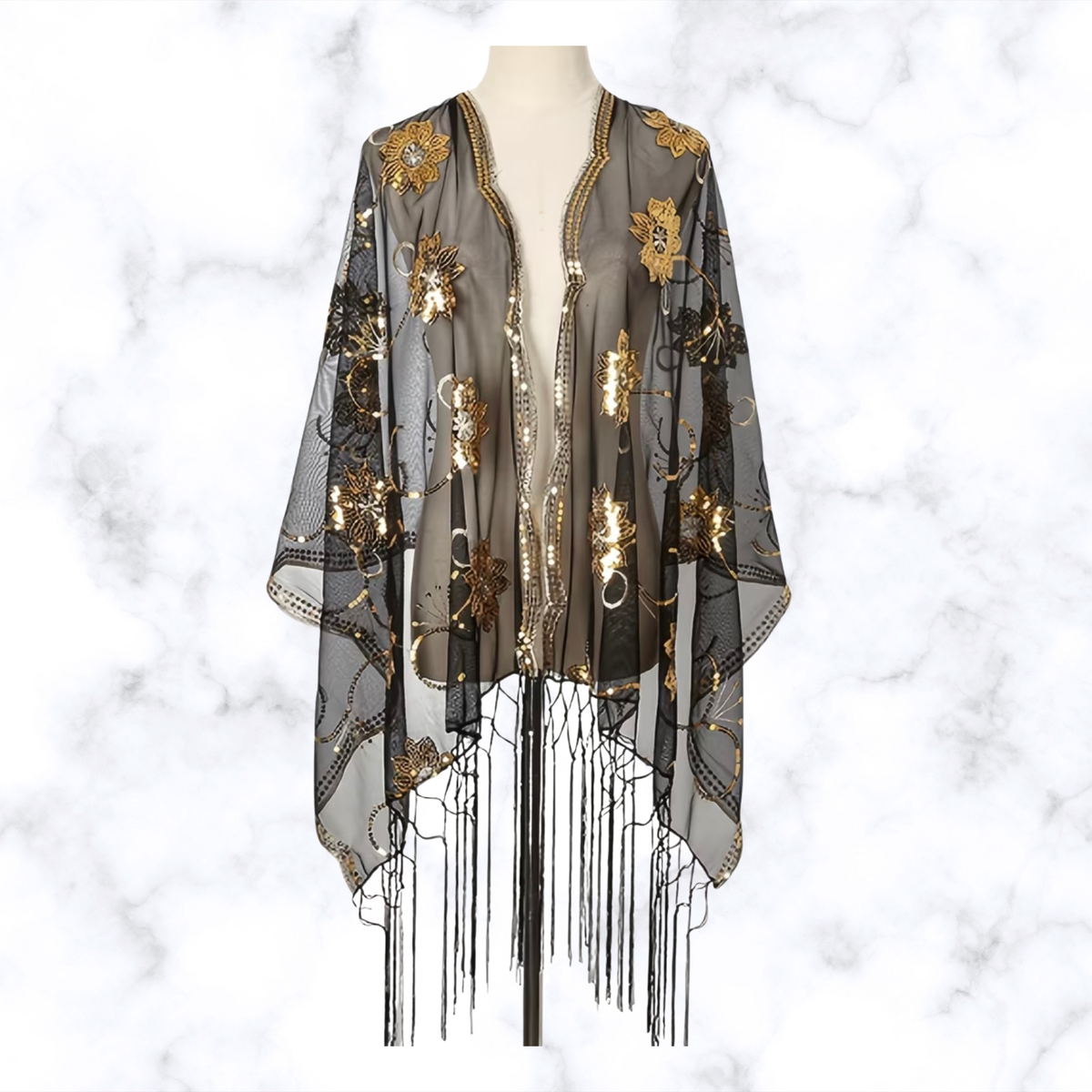 Black & Gold Embroidered Shawl Wrap – Floral Sequin Fringe Scarf