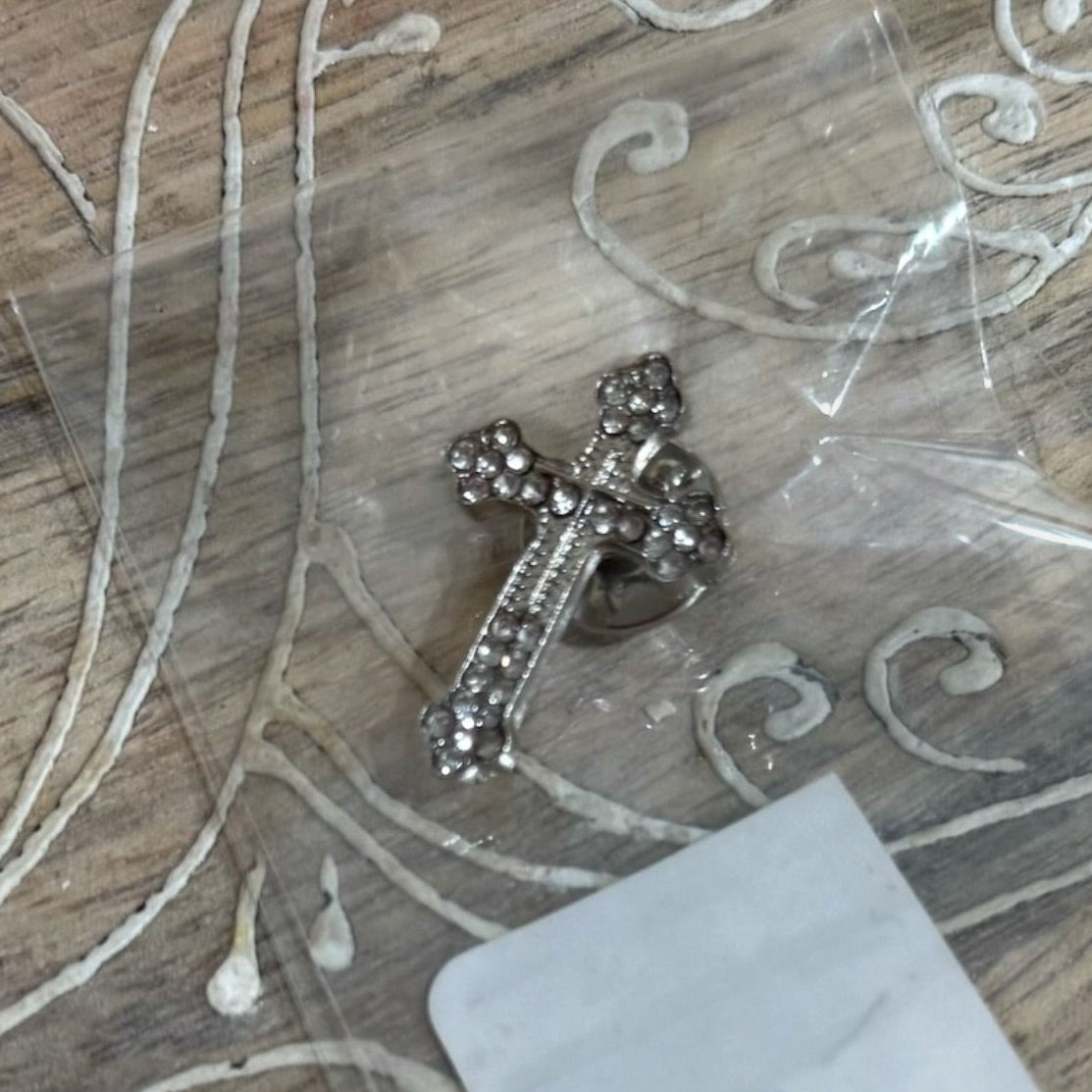 Silver Orthodox cross lapel pin with ornate detailing and secure metal backing, measuring 1 inch tall.