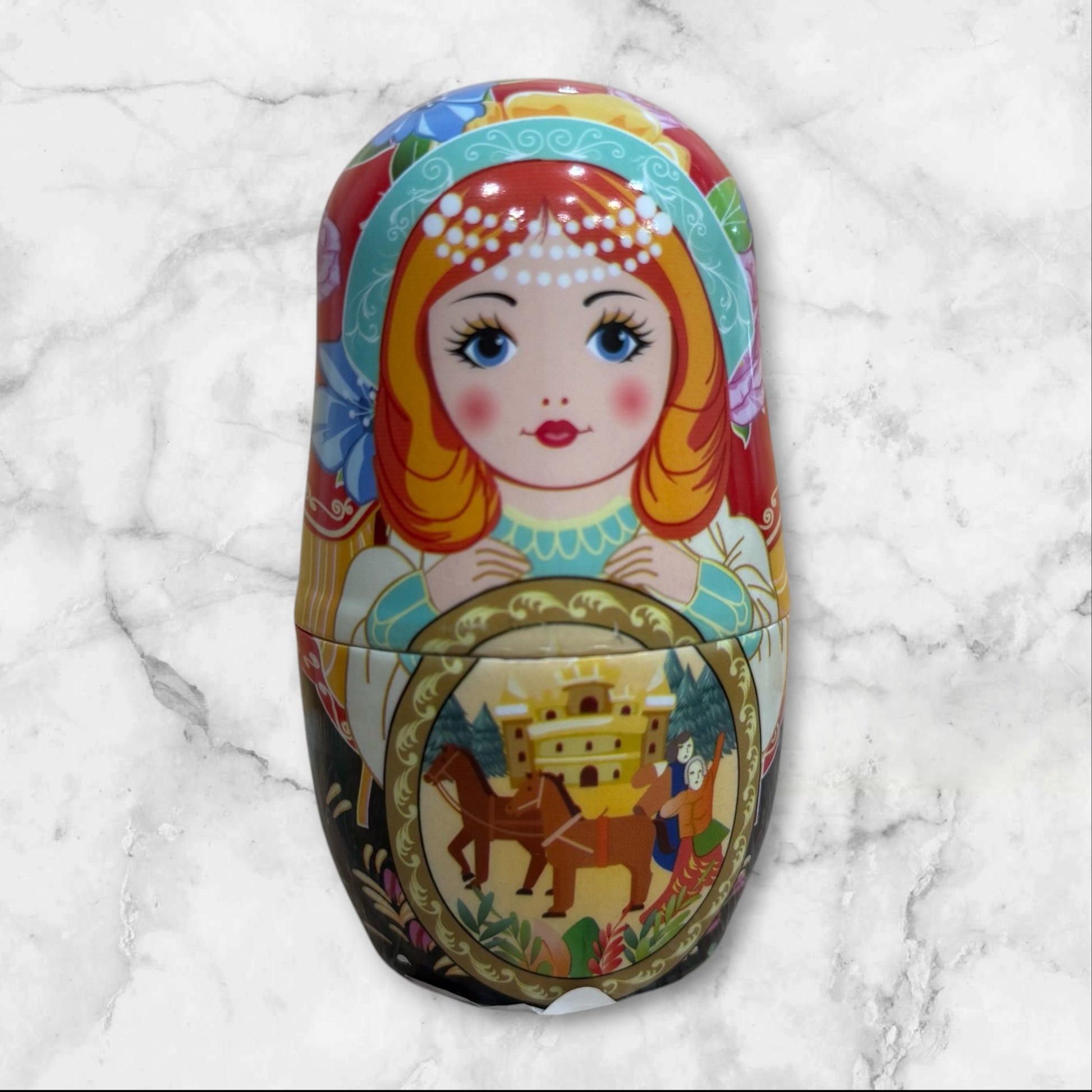 black Russian Matryoshka nesting doll manicure set with a multi piece stainless steel nail care kit inside a decorative travel case.