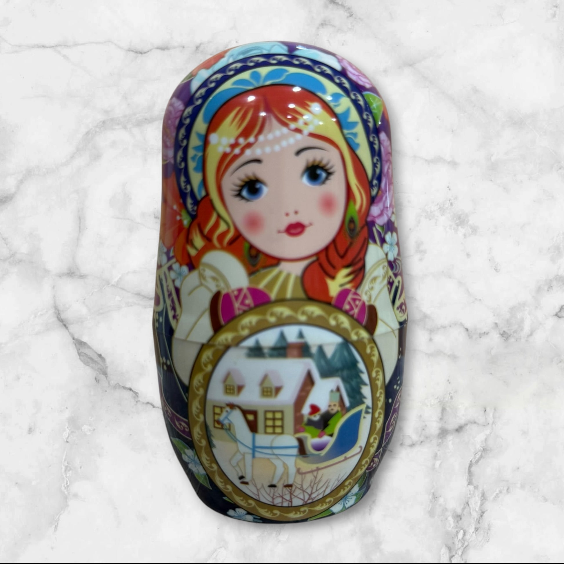 Russian Matryoshka nesting doll manicure set with a -piece stainless steel nail care kit inside a decorative travel case.