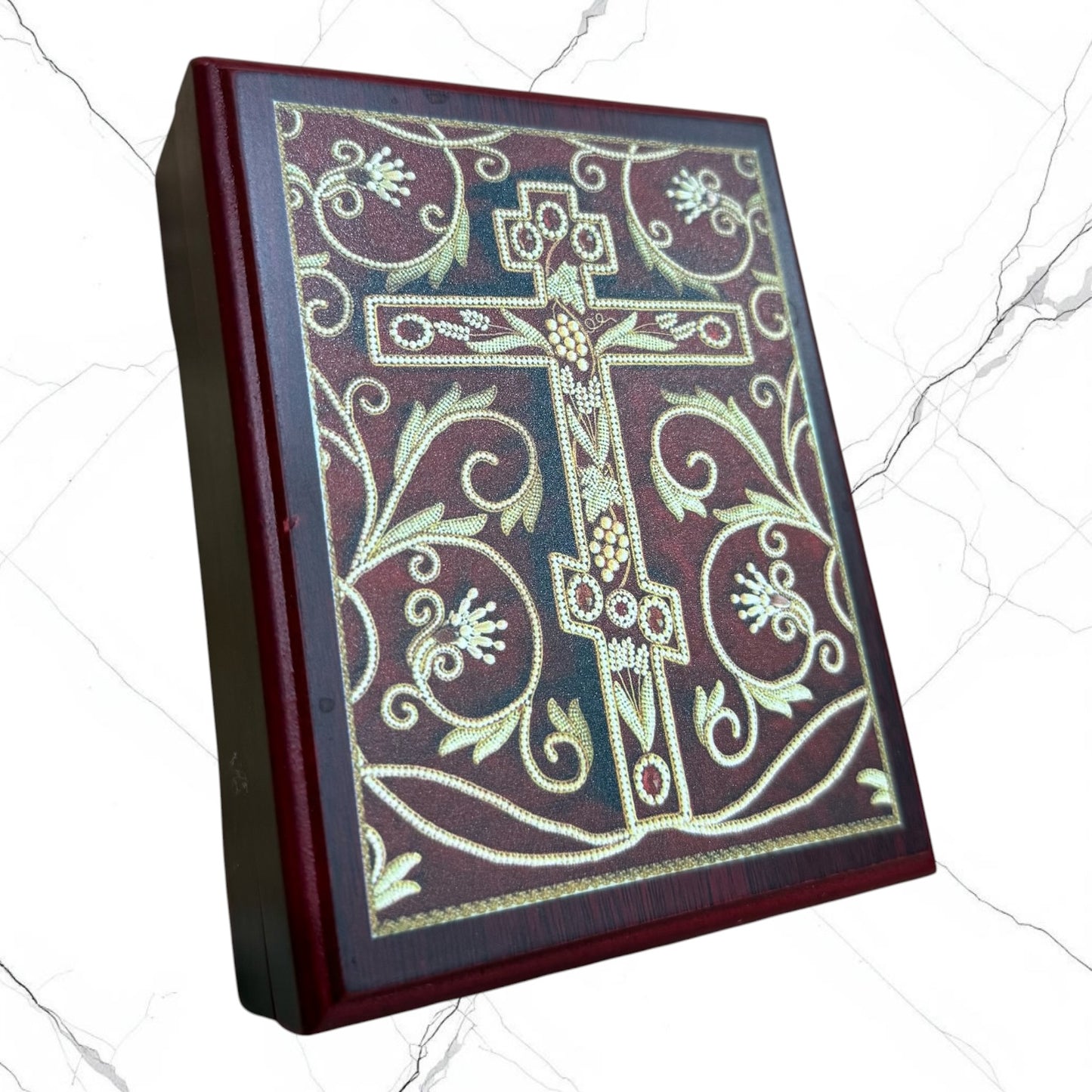 Wood keepsake box featuring an Orthodox cross design on the lid with a red velvet-lined interior for storing prayer ropes, jewelry, crosses, and devotional items.