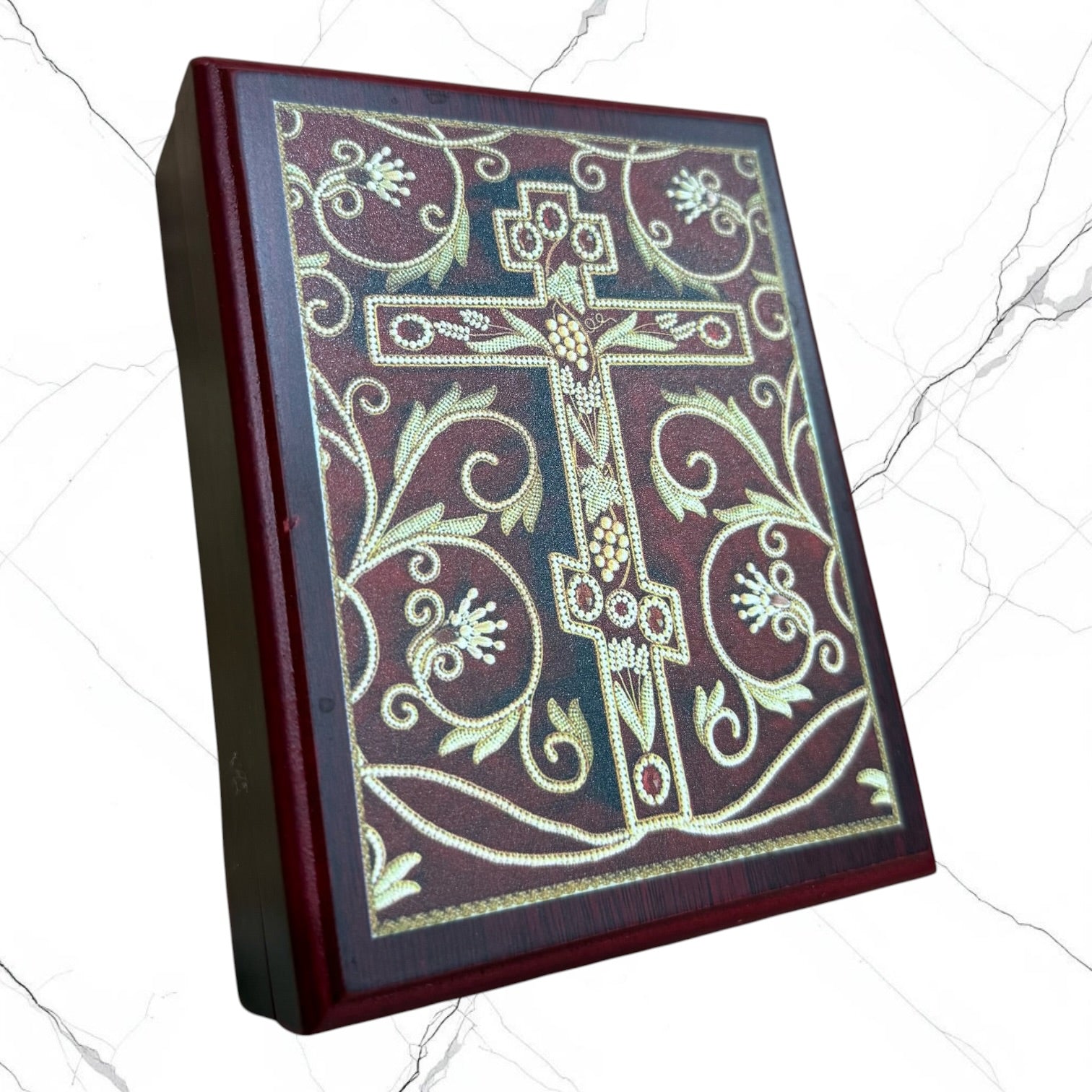 Wood keepsake box featuring an Orthodox cross design on the lid with a red velvet-lined interior for storing prayer ropes, jewelry, crosses, and devotional items.