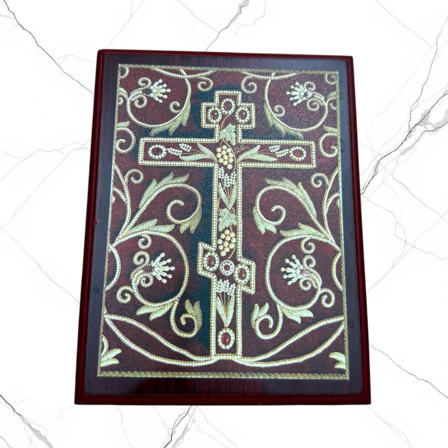 Wood keepsake box featuring an Orthodox cross design on the lid with a red velvet-lined interior for storing prayer ropes, jewelry, crosses, and devotional items.