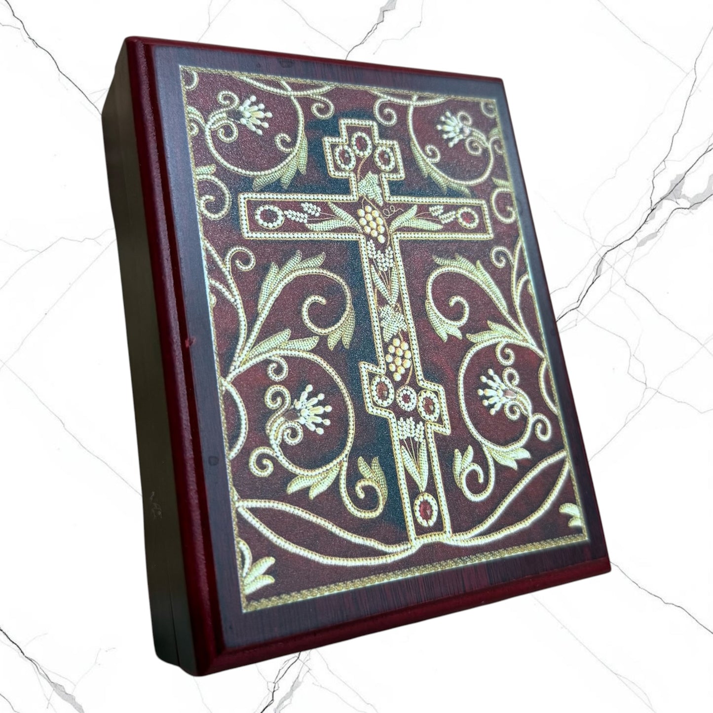 Wood keepsake box featuring an Orthodox cross design on the lid with a red velvet-lined interior for storing prayer ropes, jewelry, crosses, and devotional items.