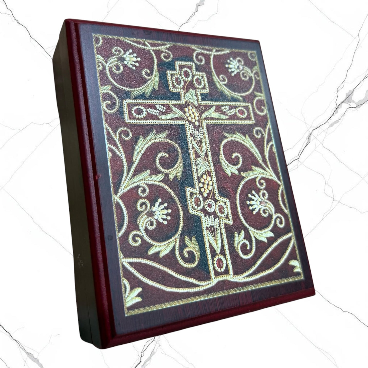 Wood keepsake box featuring an Orthodox cross design on the lid with a red velvet-lined interior for storing prayer ropes, jewelry, crosses, and devotional items.