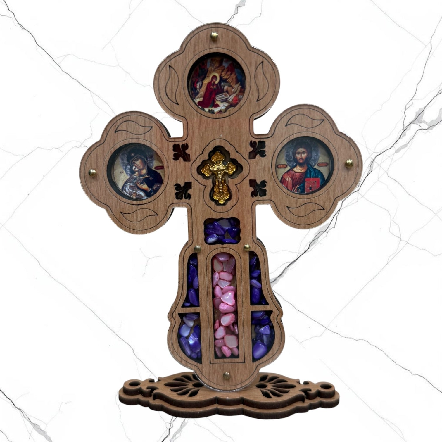 Wood icon cross with carved details, icons of Christ the Savior, the Mother of God, and the Nativity of Christ, displayed on a carved wooden base.