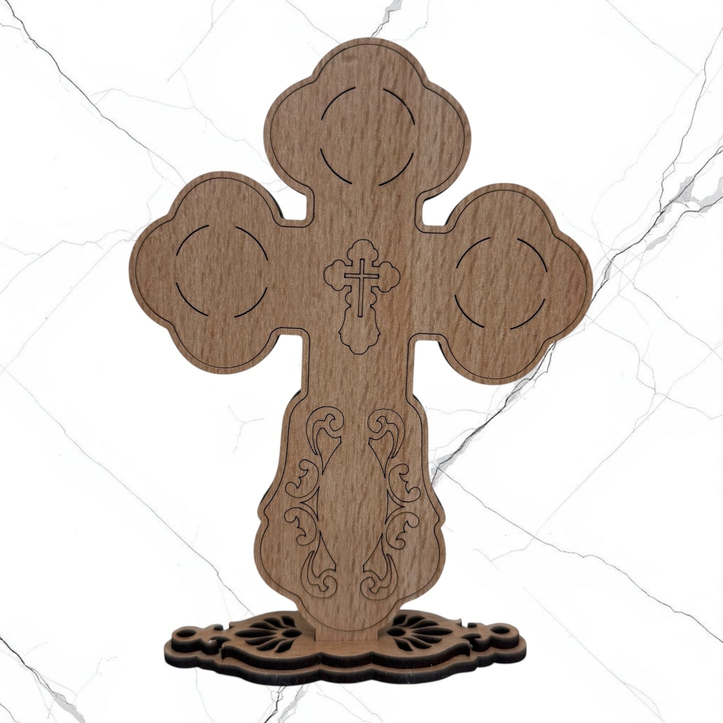 Wood icon cross with carved details, icons of Christ the Savior, the Mother of God, and the Nativity of Christ, displayed on a carved wooden base.