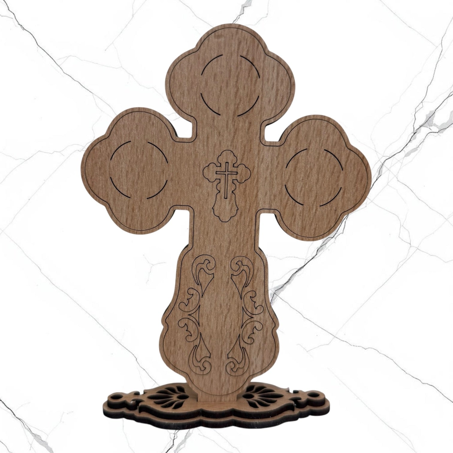 Wood icon cross with carved details, icons of Christ the Savior, the Mother of God, and the Nativity of Christ, displayed on a carved wooden base.
