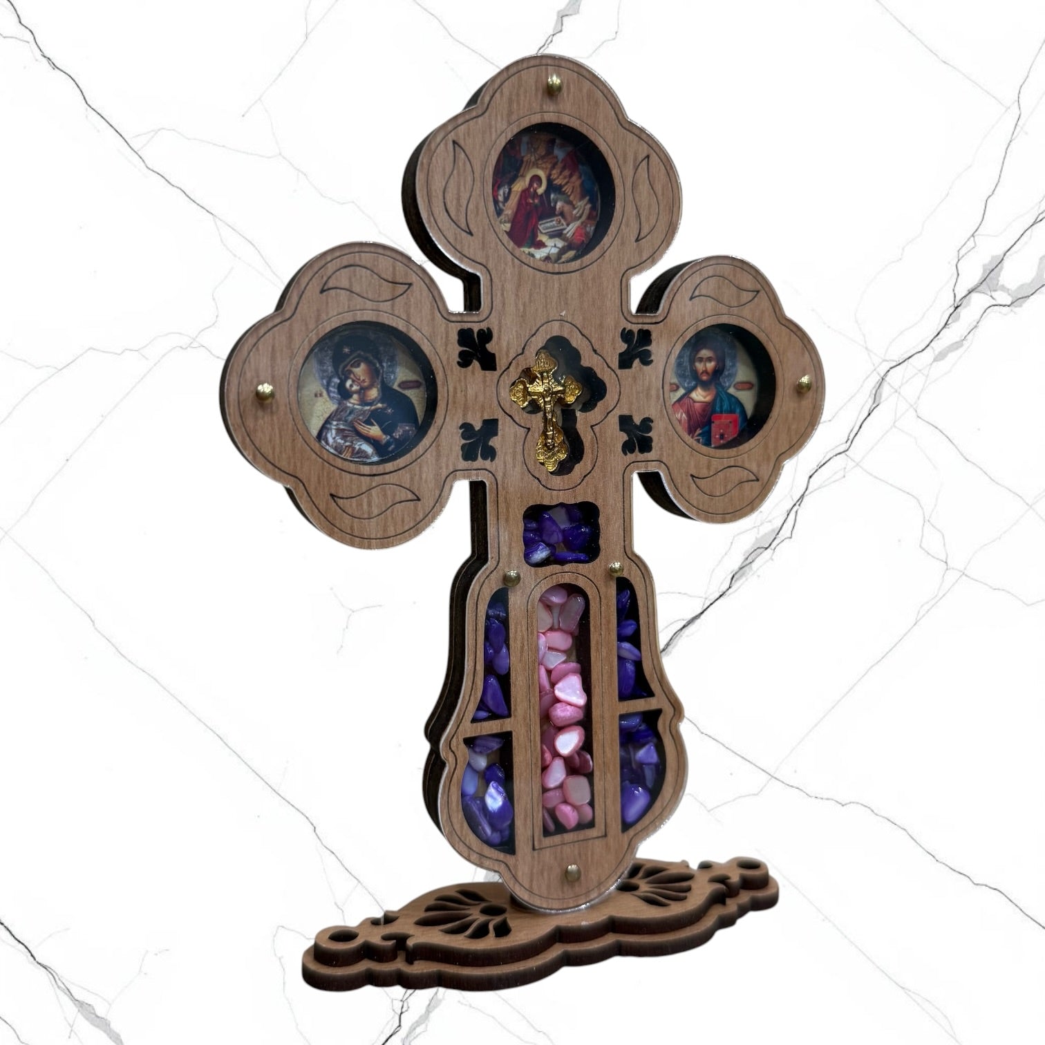 Wood icon cross with carved details, icons of Christ the Savior, the Mother of God, and the Nativity of Christ, displayed on a carved wooden base.