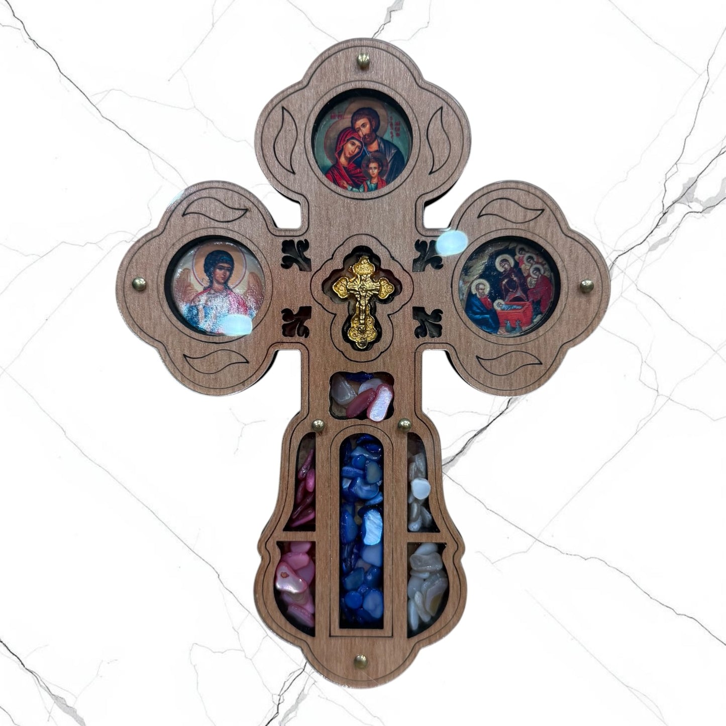Wood wall hanging icon cross featuring the Holy Family, Guardian Angel, Nativity of Christ, and a gold-tone center cross for a home prayer corner.