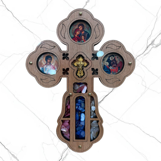 Wood wall hanging icon cross featuring the Holy Family, Guardian Angel, Nativity of Christ, and a gold-tone center cross for a home prayer corner.