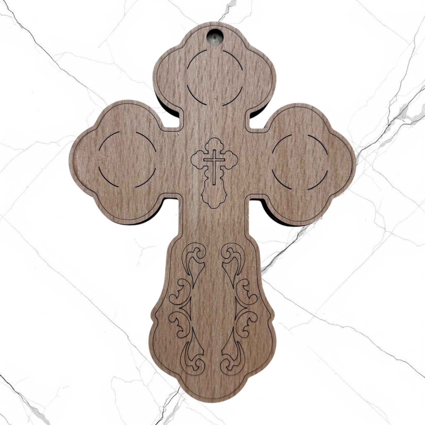 Wood wall hanging icon cross featuring the Holy Family, Guardian Angel, Nativity of Christ, and a gold-tone center cross for a home prayer corner.