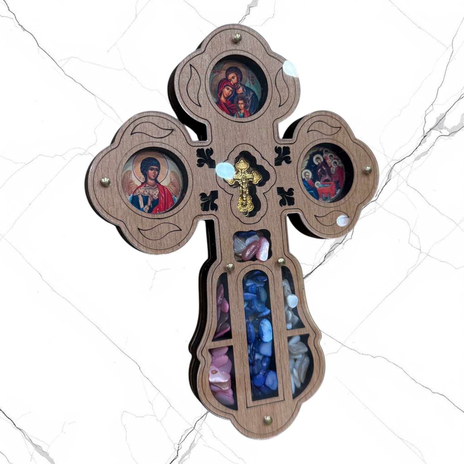 Wood wall hanging icon cross featuring the Holy Family, Guardian Angel, Nativity of Christ, and a gold-tone center cross for a home prayer corner.