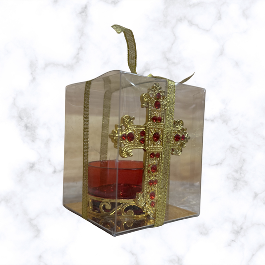 Cross votive candle holder with red glass cup and gold-tone finish in clear gift box