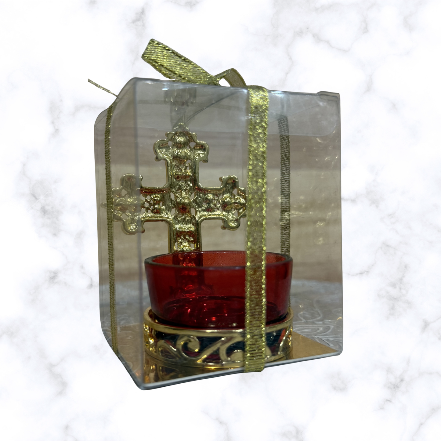 Cross votive candle holder with red glass cup and gold-tone finish in clear gift box