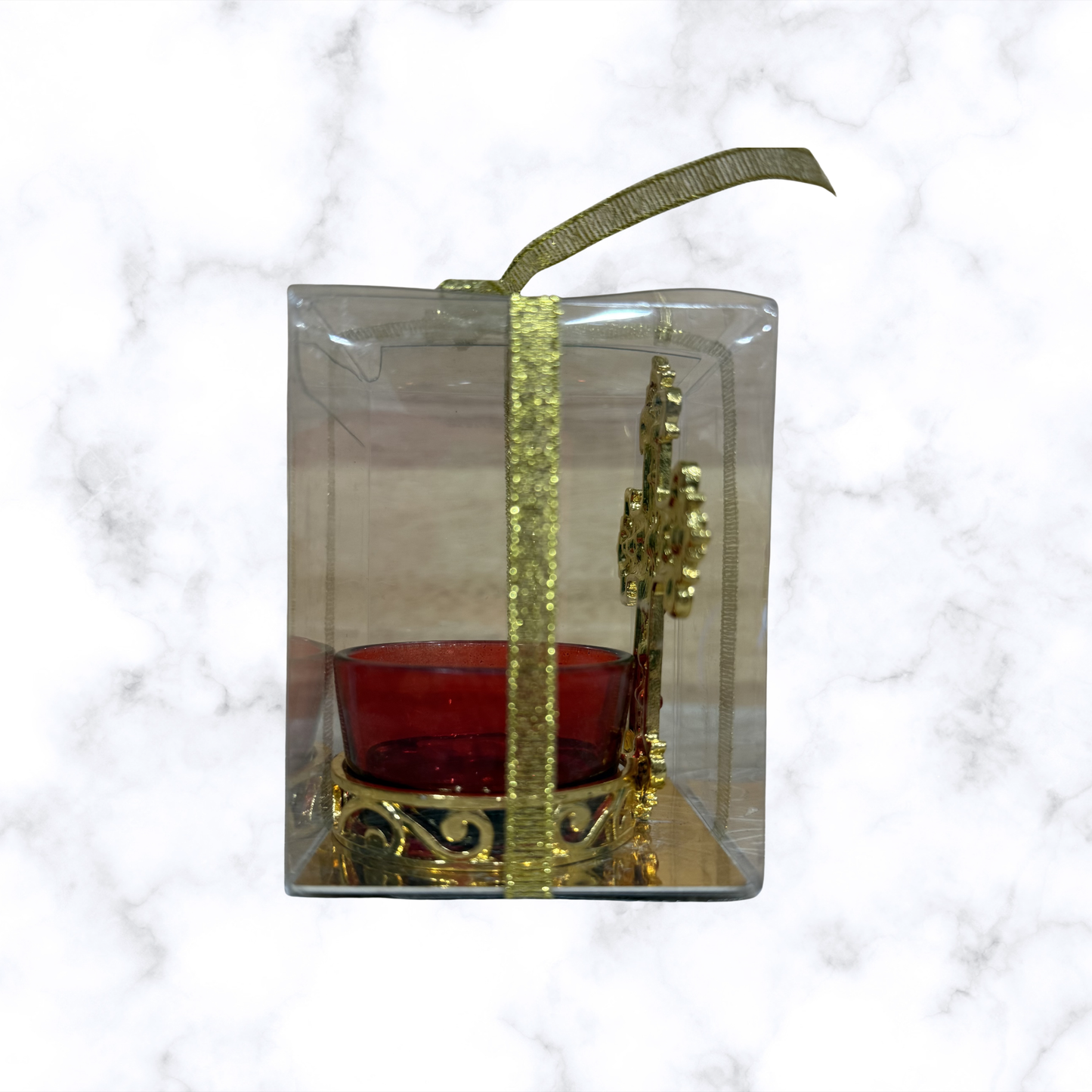 Cross votive candle holder with red glass cup and gold-tone finish in clear gift box