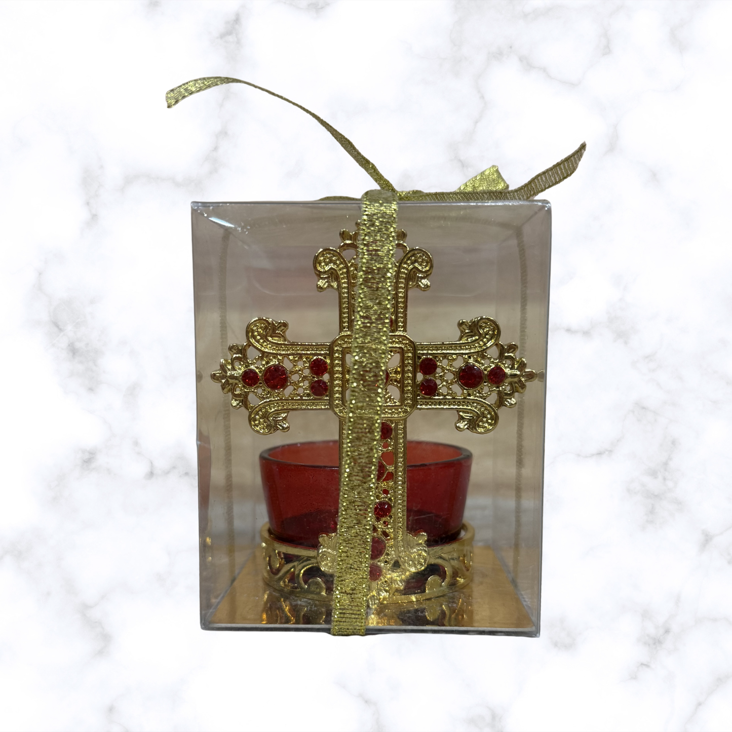 Cross votive candle holder with red glass cup and gold-tone finish in clear gift box