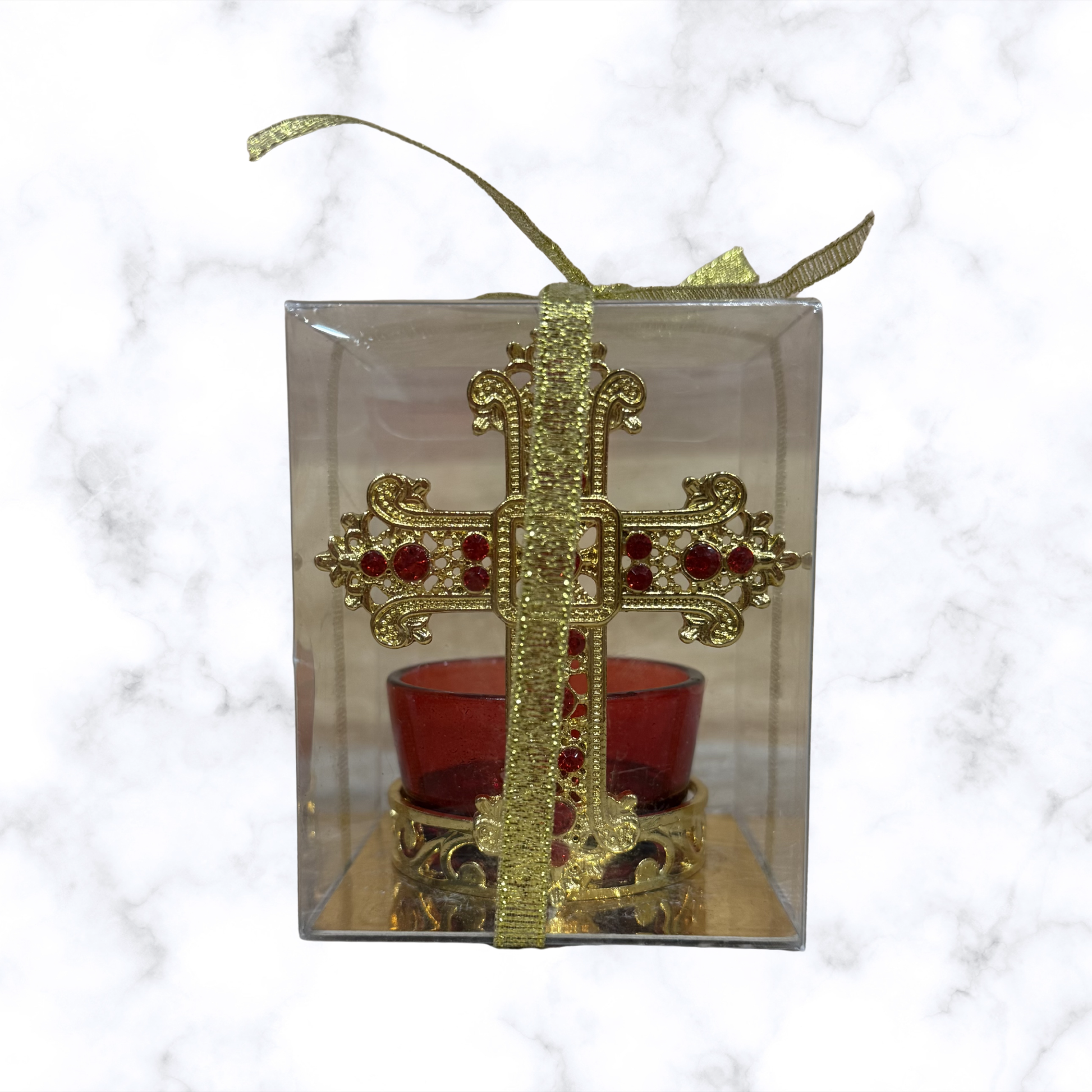 Cross votive candle holder with red glass cup and gold-tone finish in clear gift box