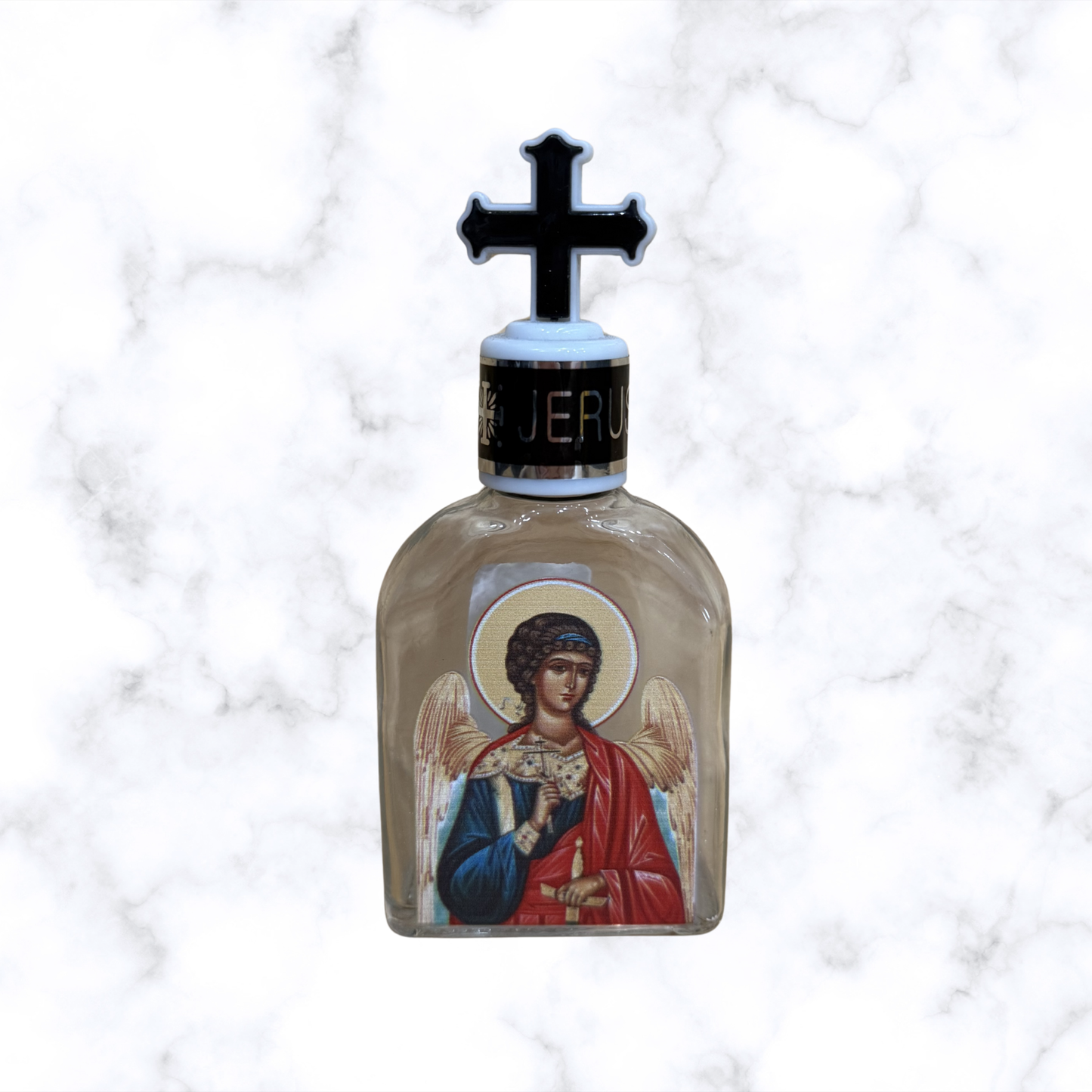 Guardian Angel Orthodox holy water bottle with decorative cross stopper
