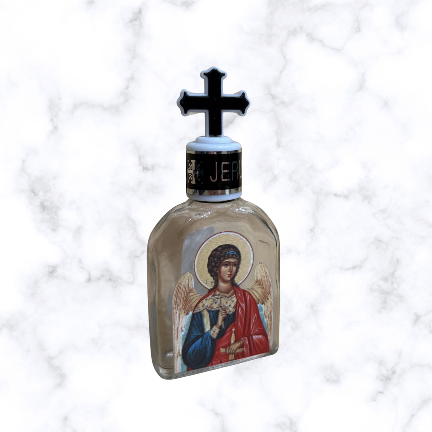 Guardian Angel Orthodox holy water bottle with decorative cross stopper