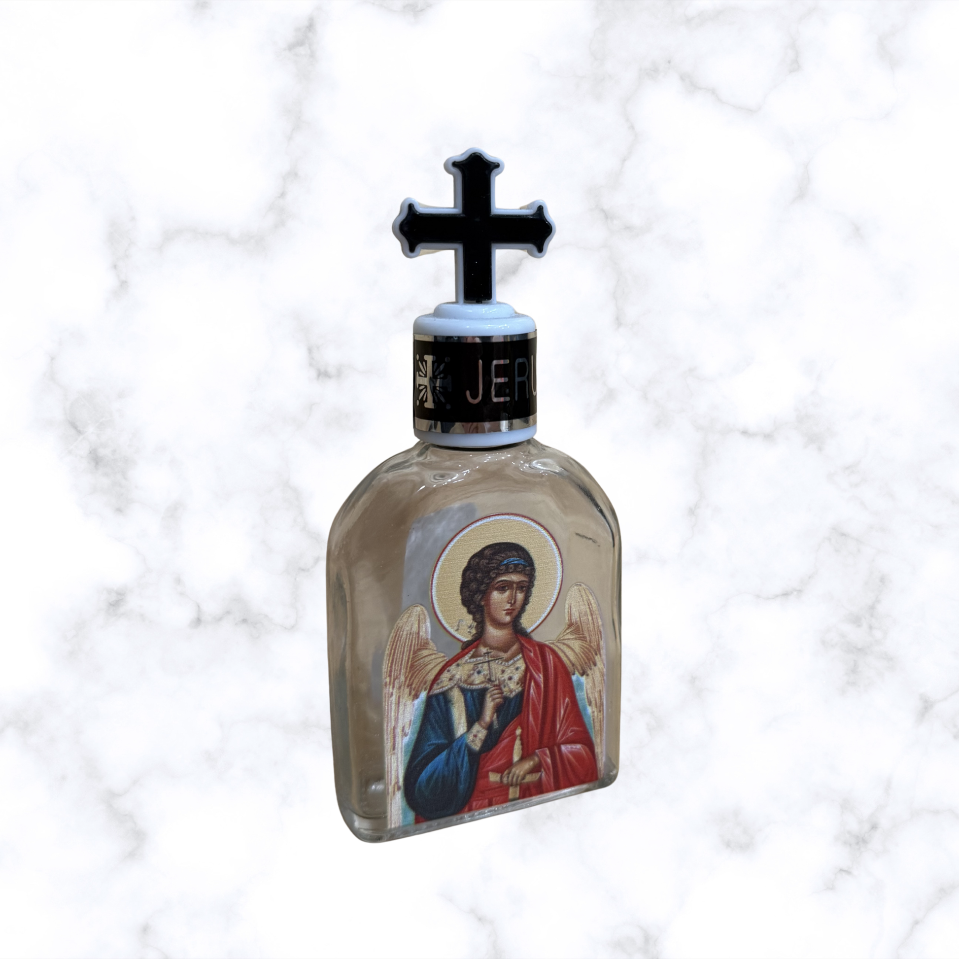 Guardian Angel Orthodox holy water bottle with decorative cross stopper