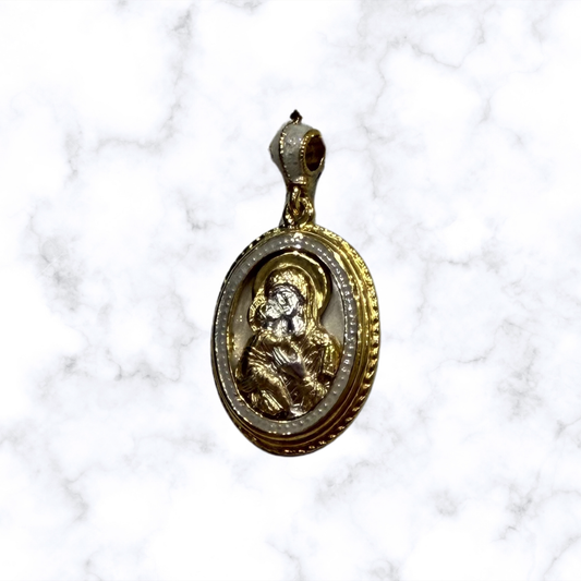 Gold-tone and white enamel Mother of God Hospitality of Abraham Orthodox icon pendant.