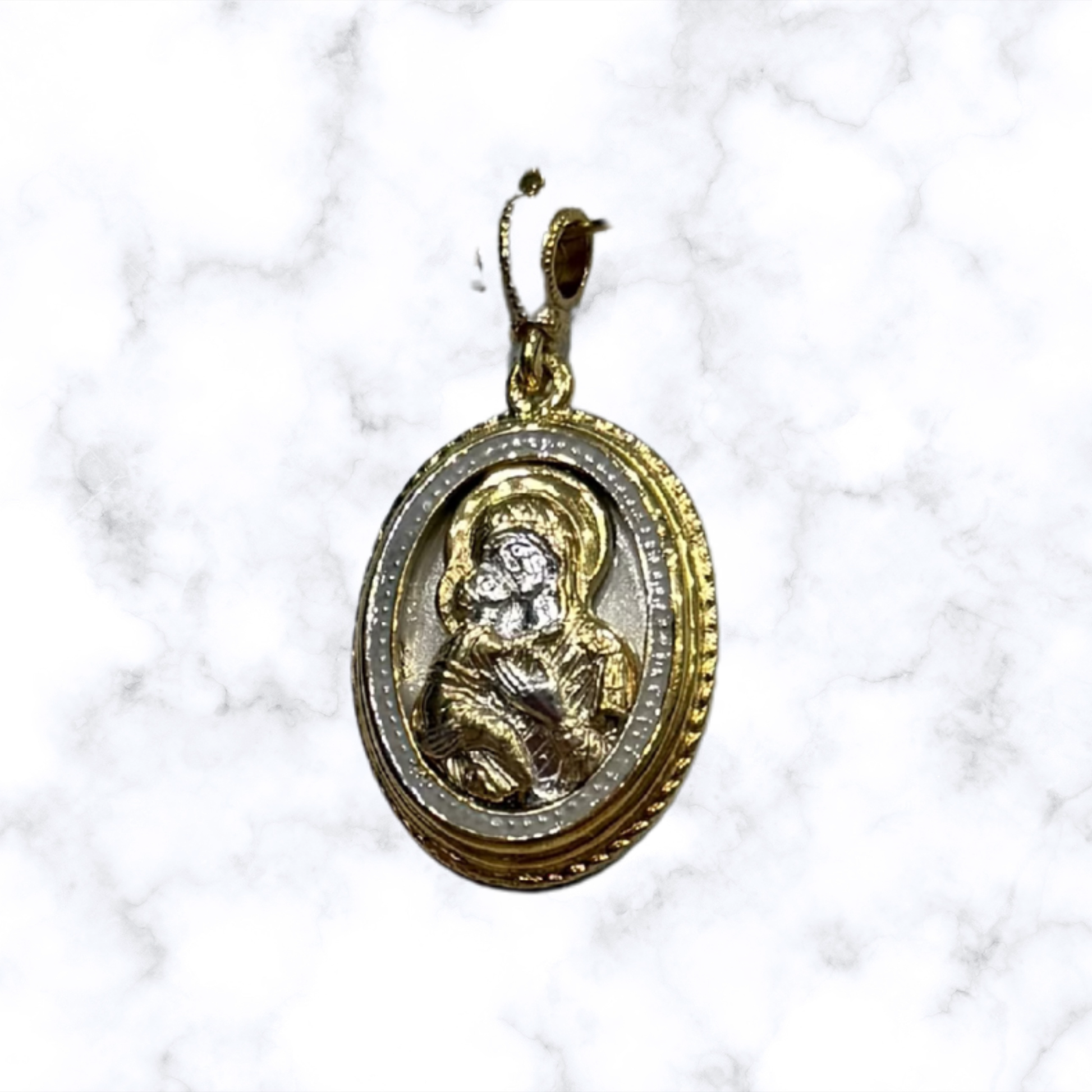 Gold-tone and white enamel Mother of God Hospitality of Abraham Orthodox icon pendant.
