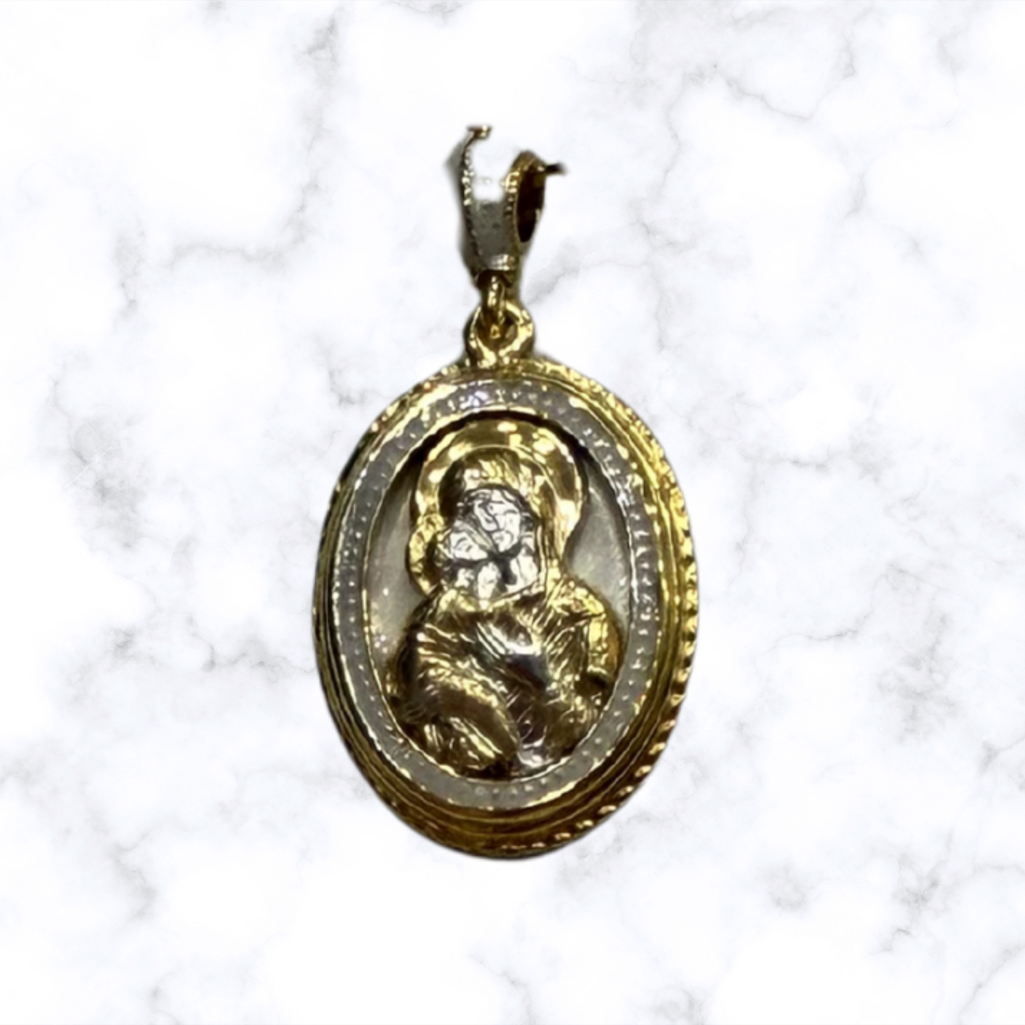 Gold-tone and white enamel Mother of God Hospitality of Abraham Orthodox icon pendant.