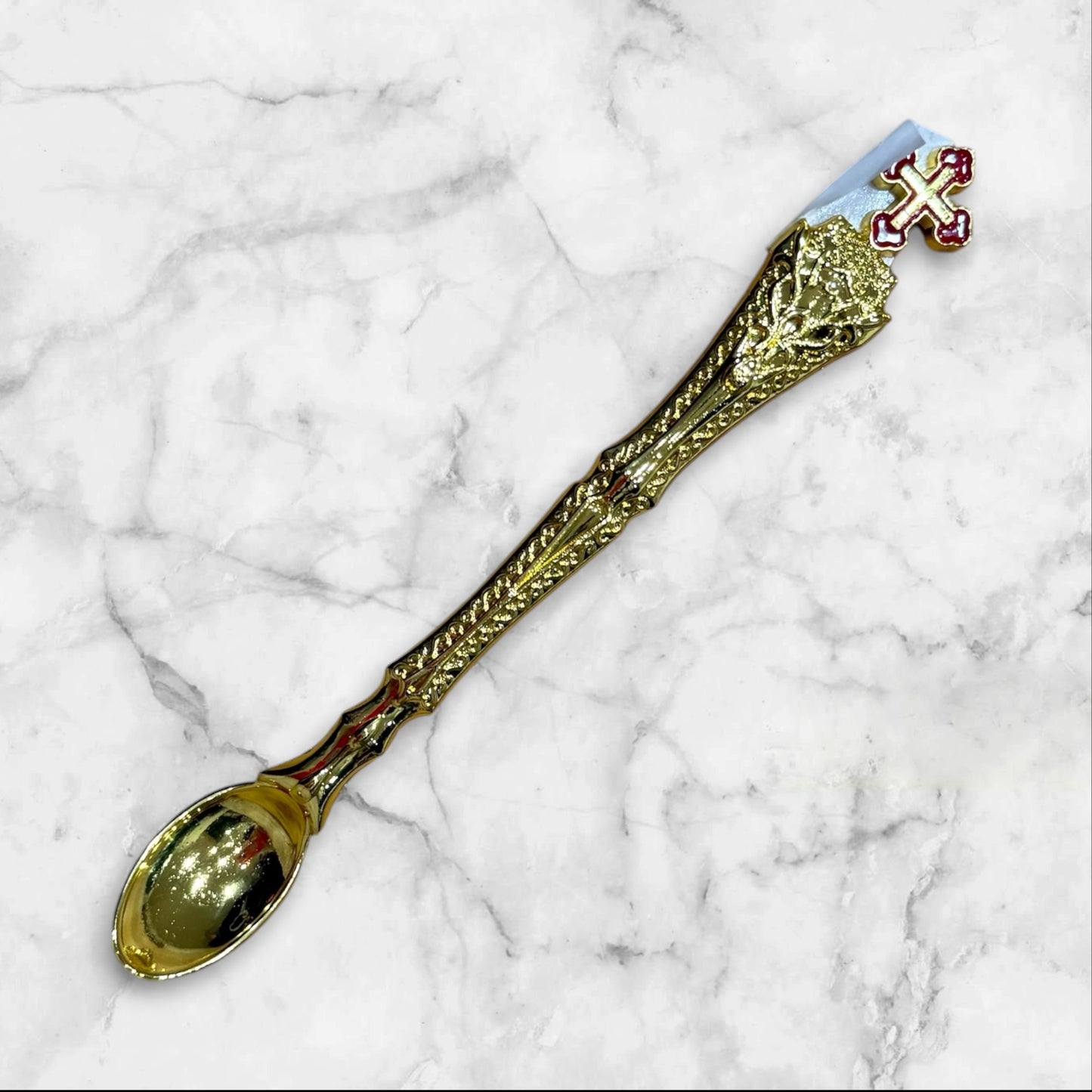 Gold Orthodox Baptism and Holy Communion spoon with decorative red enamel Orthodox cross.