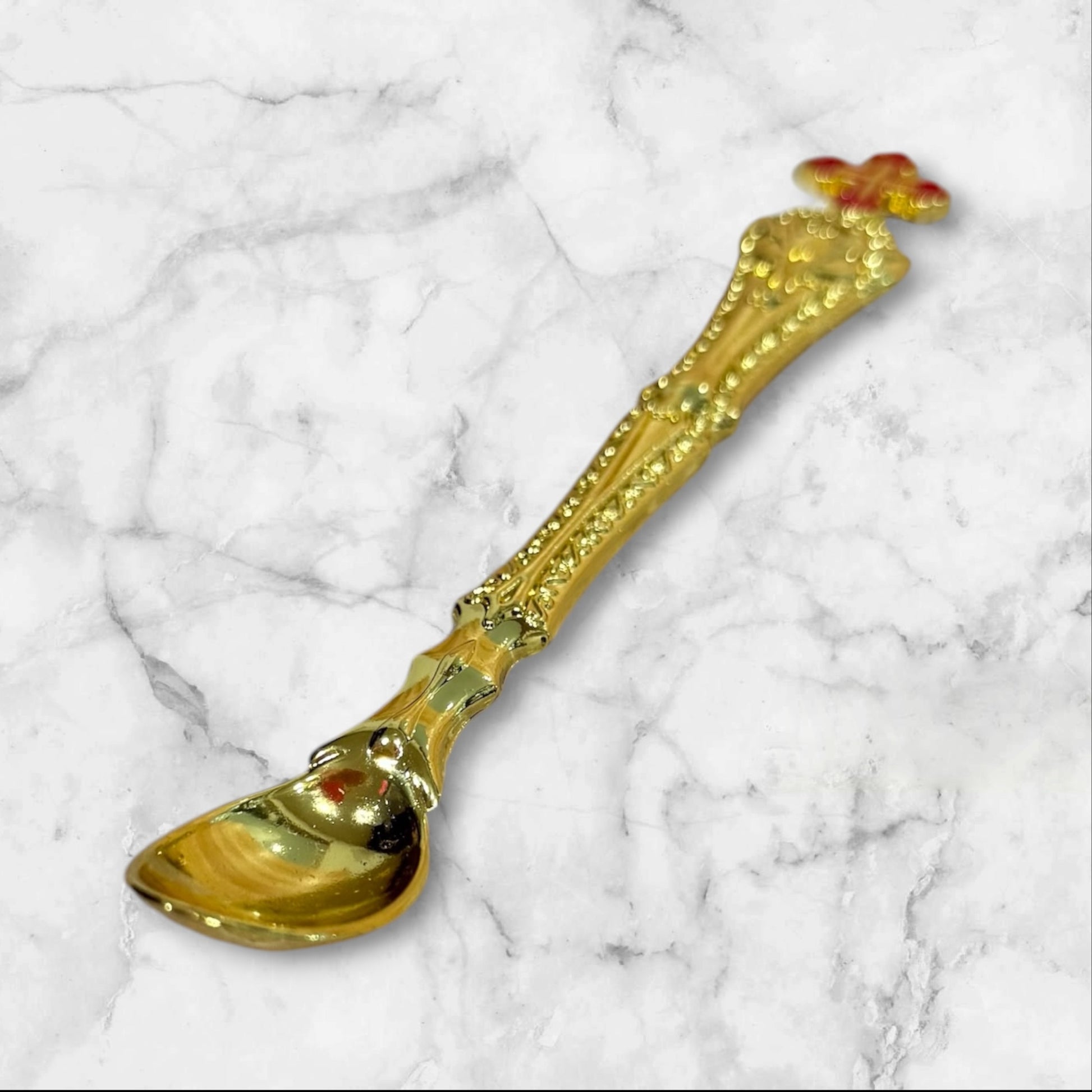Gold Orthodox Baptism and Holy Communion spoon with decorative red enamel Orthodox cross.