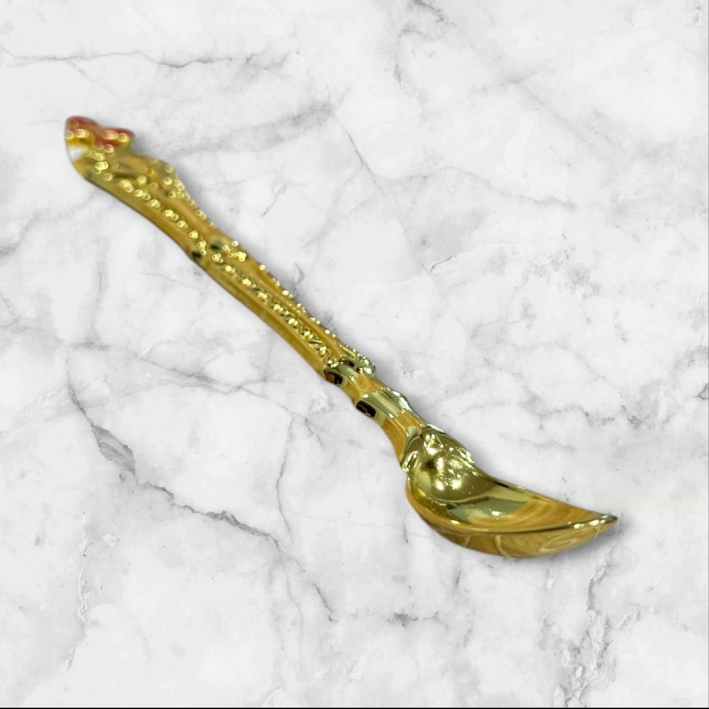 Gold Orthodox Baptism and Holy Communion spoon with decorative red enamel Orthodox cross.