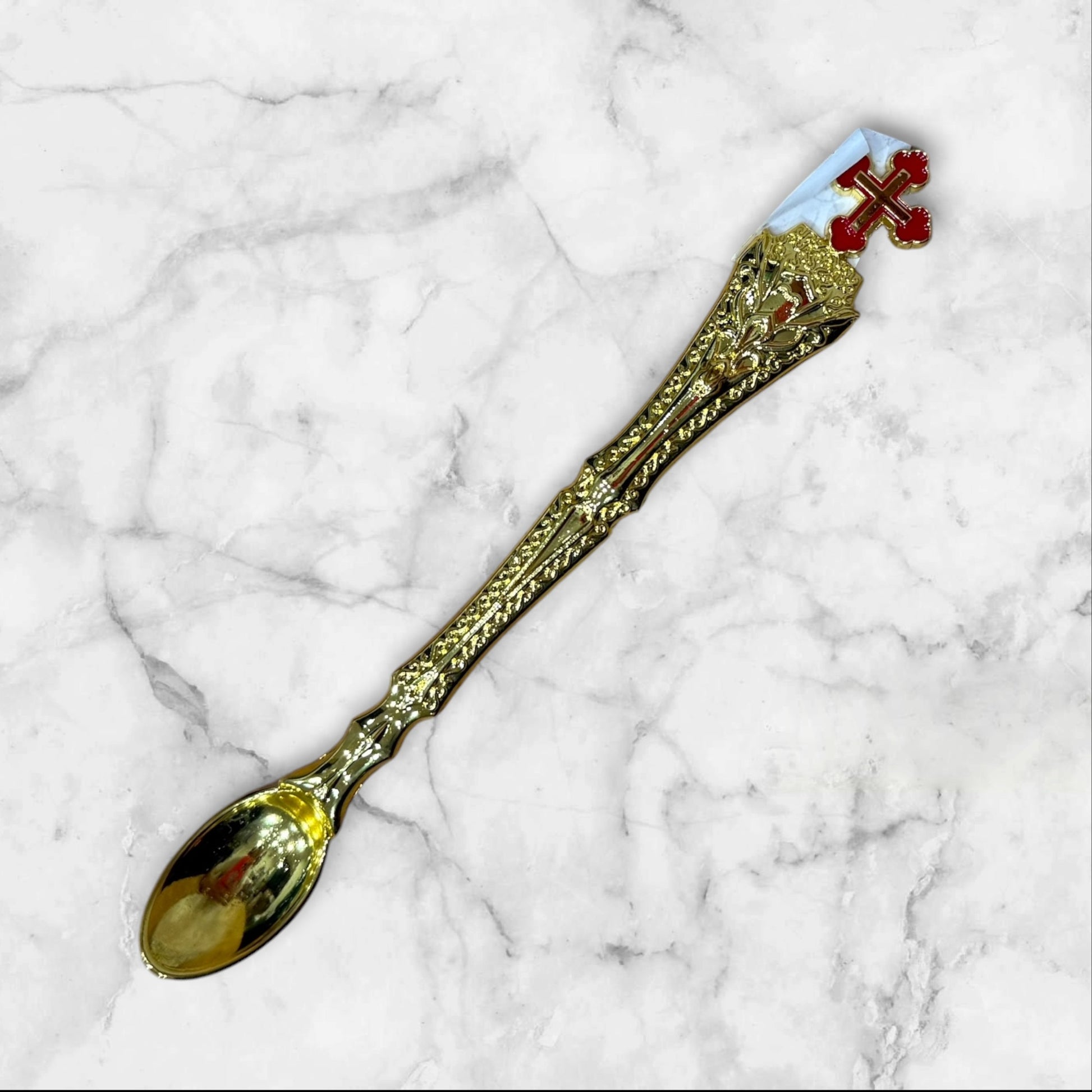 Gold Orthodox Baptism and Holy Communion spoon with decorative red enamel Orthodox cross.