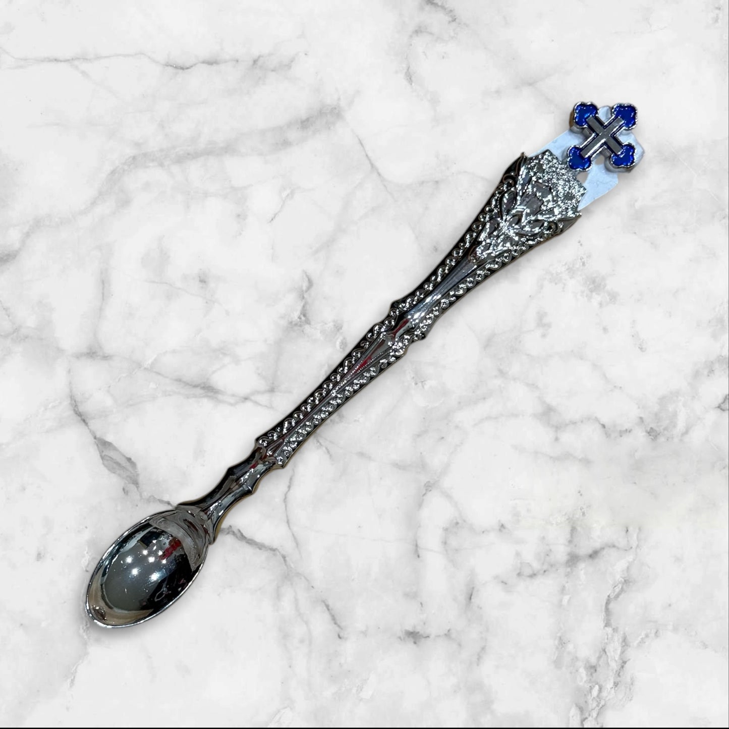Silver Orthodox Baptism and Holy Communion spoon with decorative blue enamel Orthodox cross.