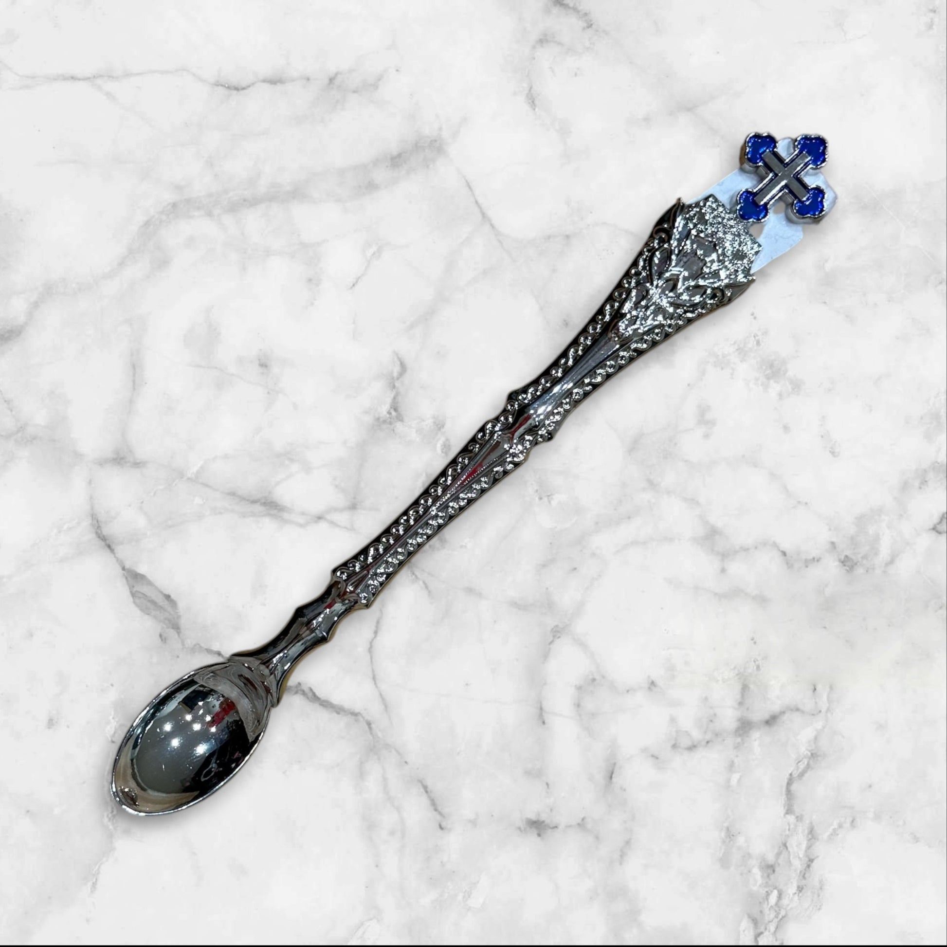 Silver Orthodox Baptism and Holy Communion spoon with decorative blue enamel Orthodox cross.
