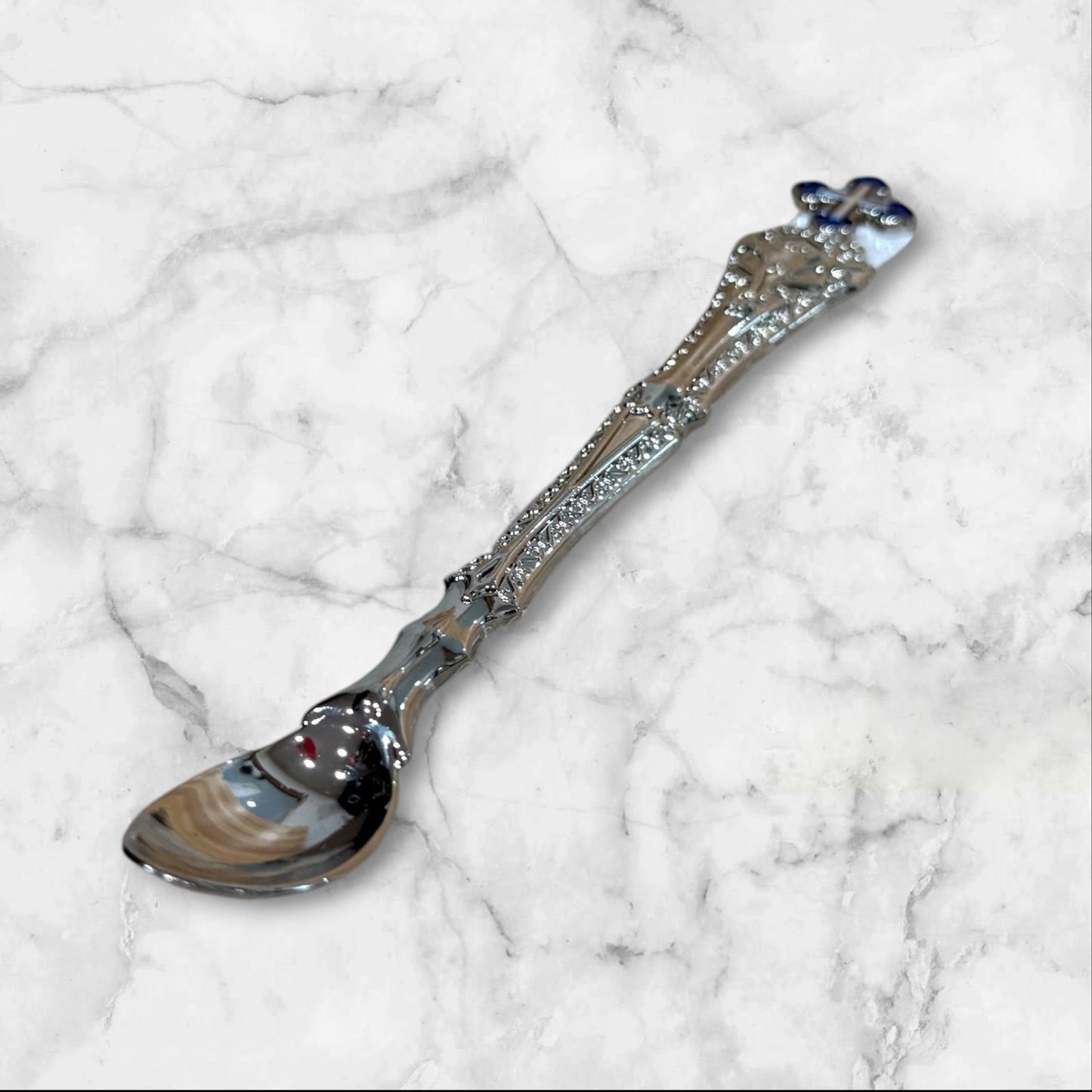 Silver Orthodox Baptism and Holy Communion spoon with decorative blue enamel Orthodox cross.