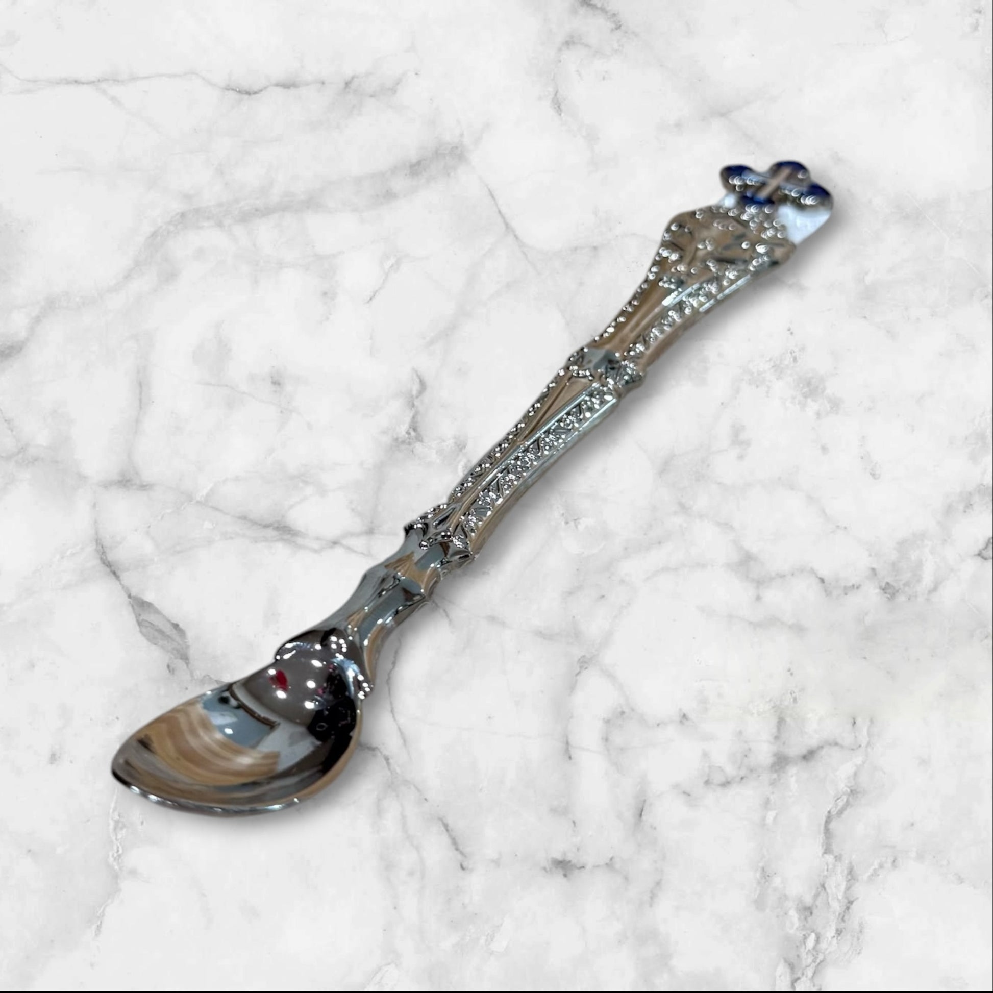 Silver Orthodox Baptism and Holy Communion spoon with decorative blue enamel Orthodox cross.