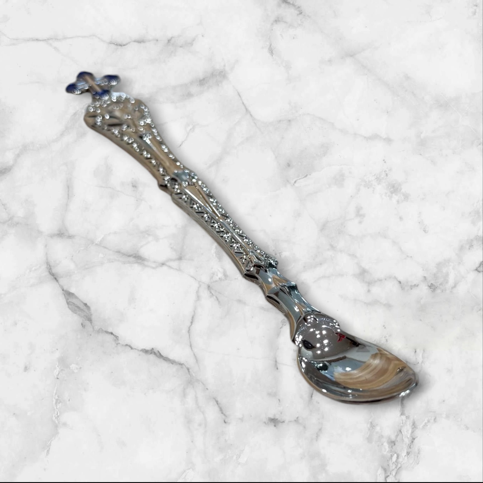 Silver Orthodox Baptism and Holy Communion spoon with decorative blue enamel Orthodox cross.