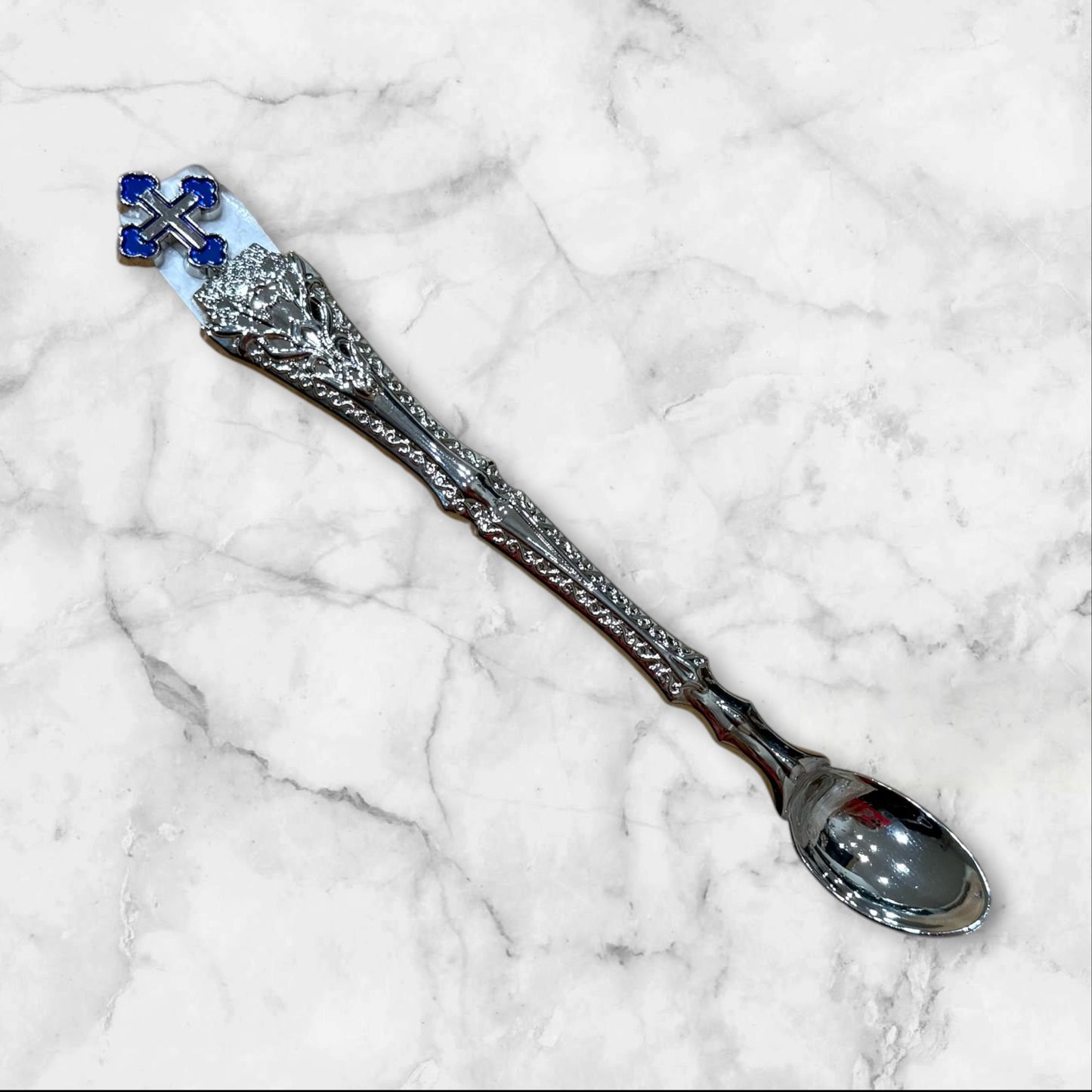 Silver Orthodox Baptism and Holy Communion spoon with decorative blue enamel Orthodox cross.