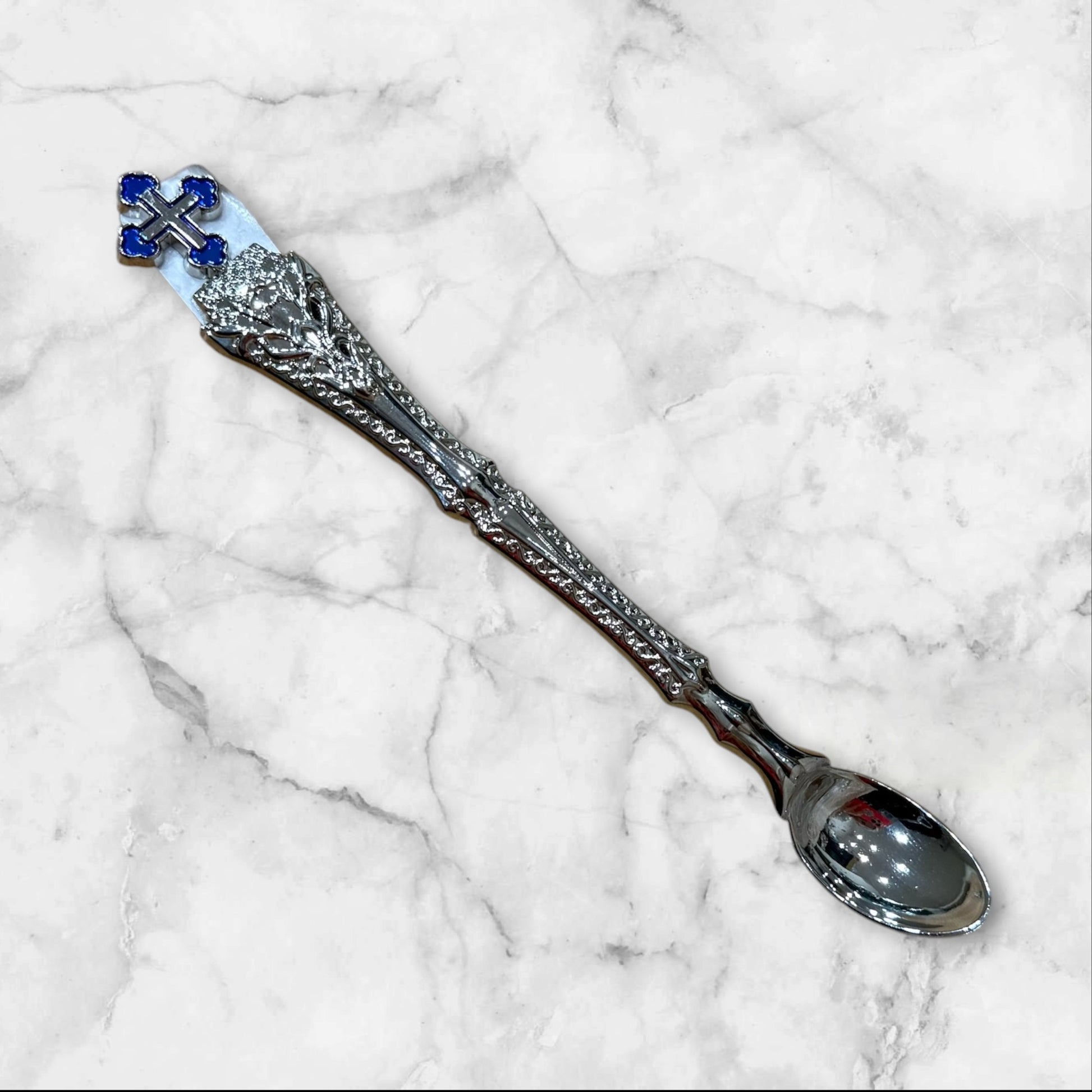 Silver Orthodox Baptism and Holy Communion spoon with decorative blue enamel Orthodox cross.