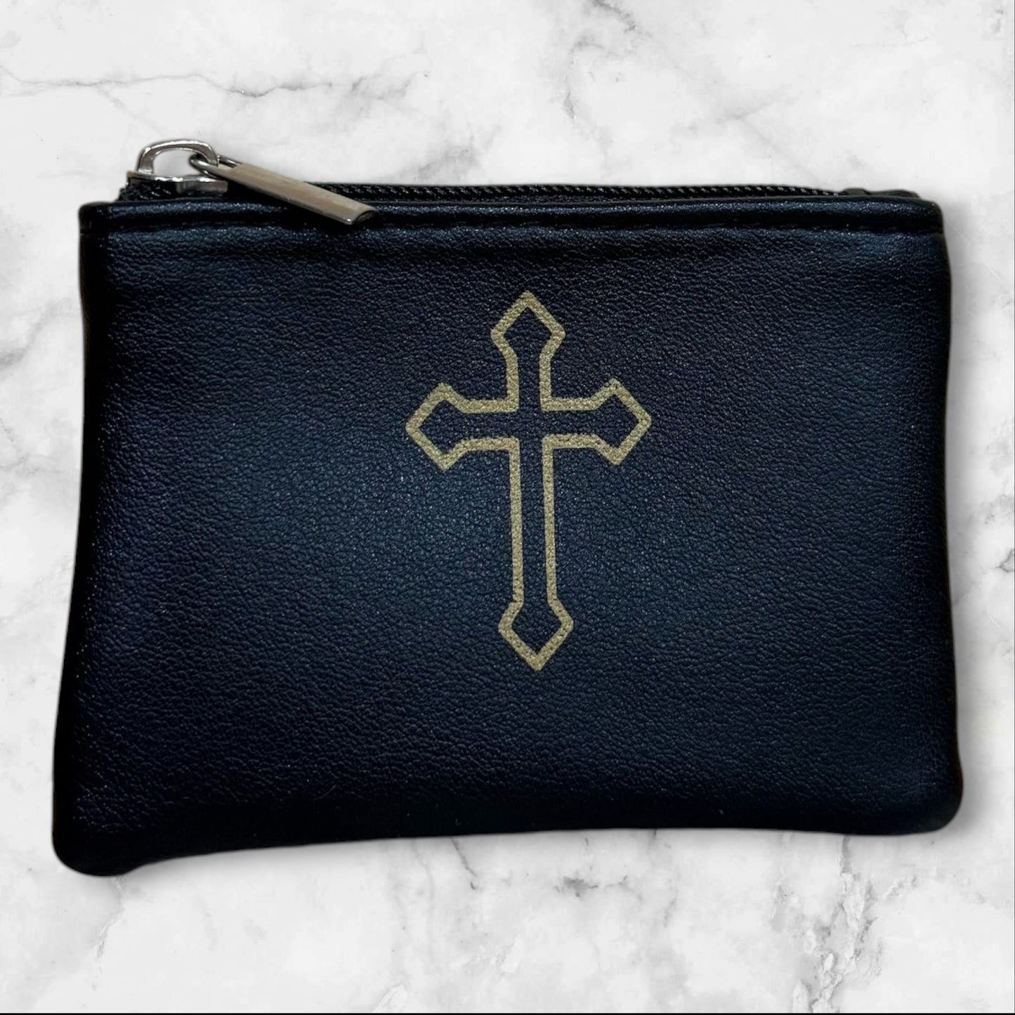 Black Orthodox prayer pouch with gold cross and zipper closure
