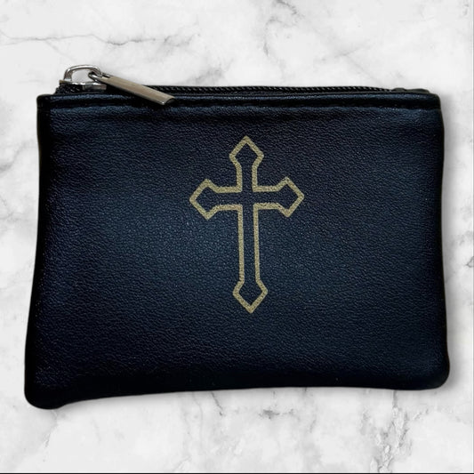 Black Orthodox prayer pouch with gold cross and zipper closure