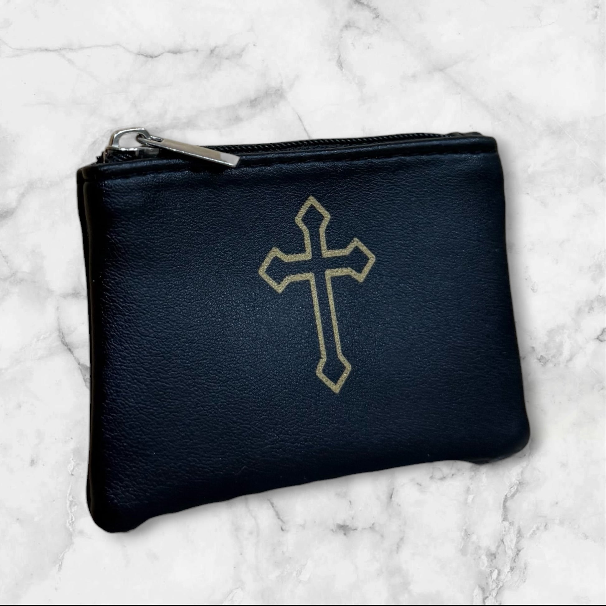 Black Orthodox prayer pouch with gold cross and zipper closure